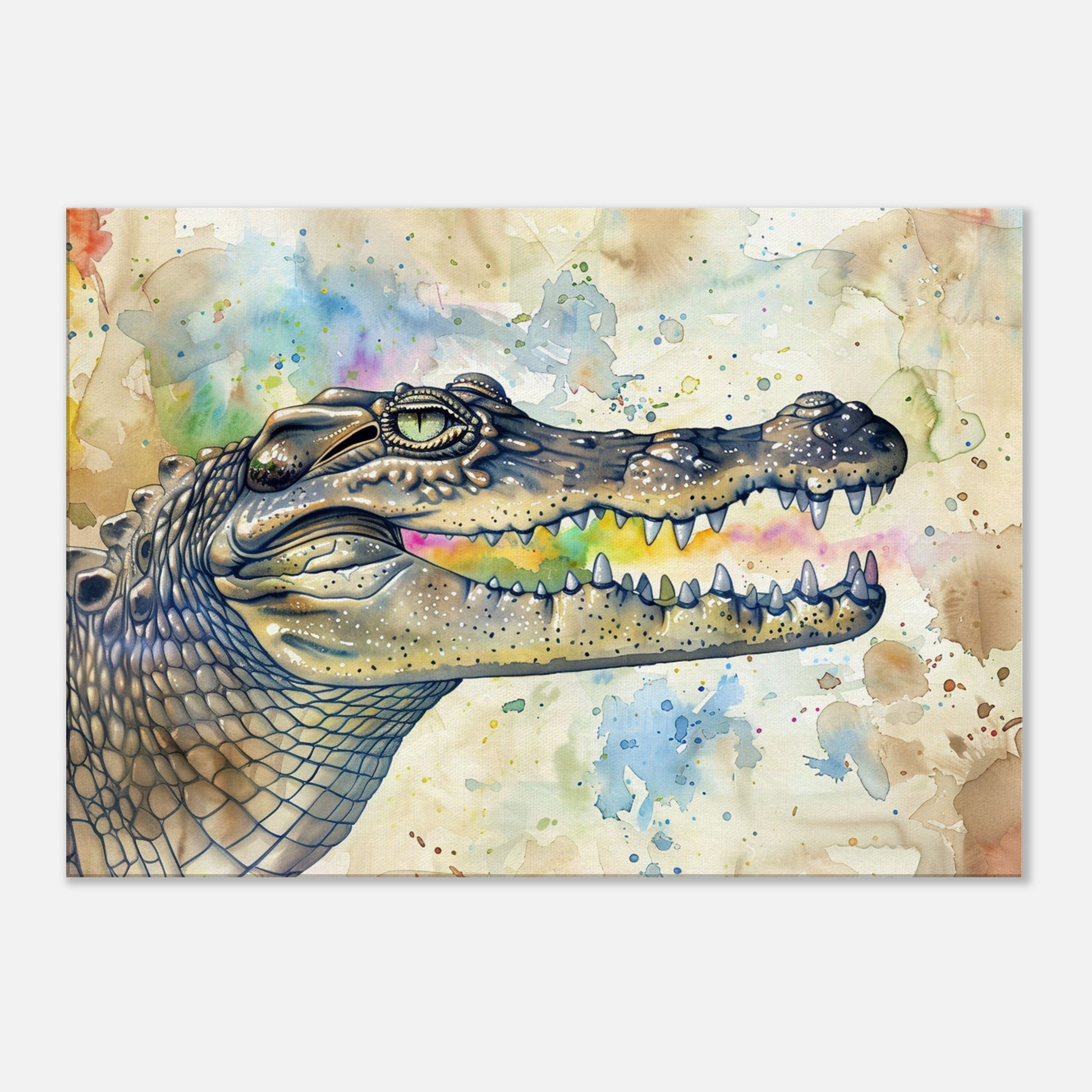 Watercolour Crocodile Canvas. Unique Multicolour Reptile Painting Print. Safari Animal Decor Gift for Big Croc Lovers. Paint Splash Art - CanvasityCrafts - Free Shipping