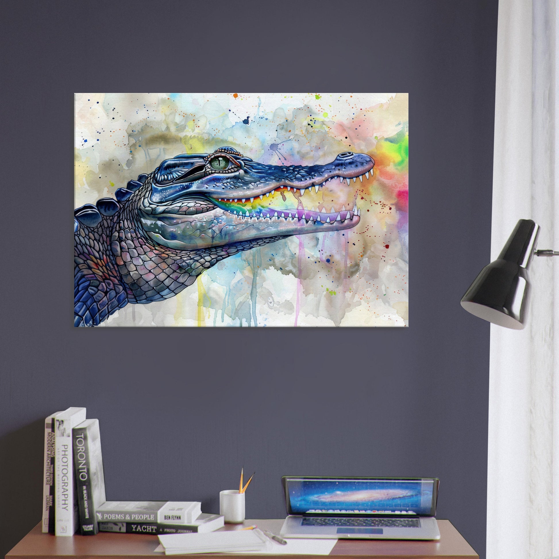 Watercolour Crocodile Canvas. Unique Multicolour Reptile Painting Print. Safari Animal Decor Gift for Big Croc Lovers. Paint Splash Art - CanvasityCrafts - Free Shipping