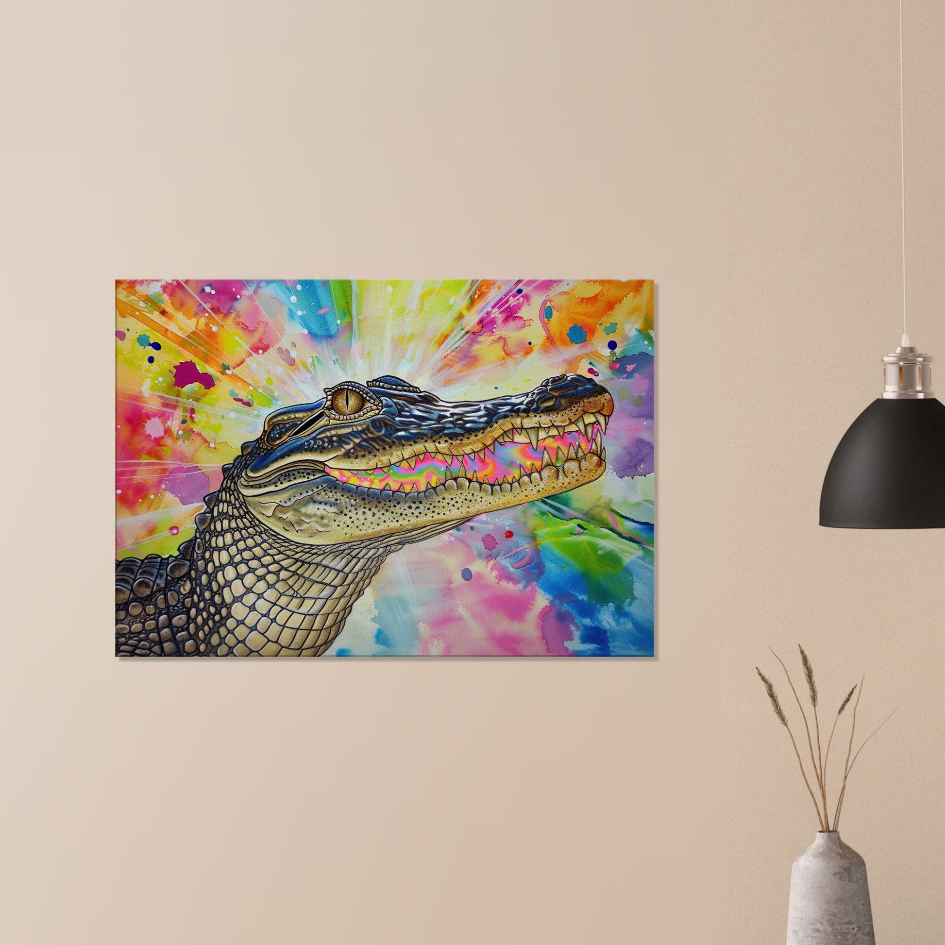 AHHH! Multicolour Crocodile Canvas. Unique Watercolour Reptile Painting Print Safari Animal Decor Gift for Big Croc Lovers Paint Splash Art - CanvasityCrafts - Free Shipping