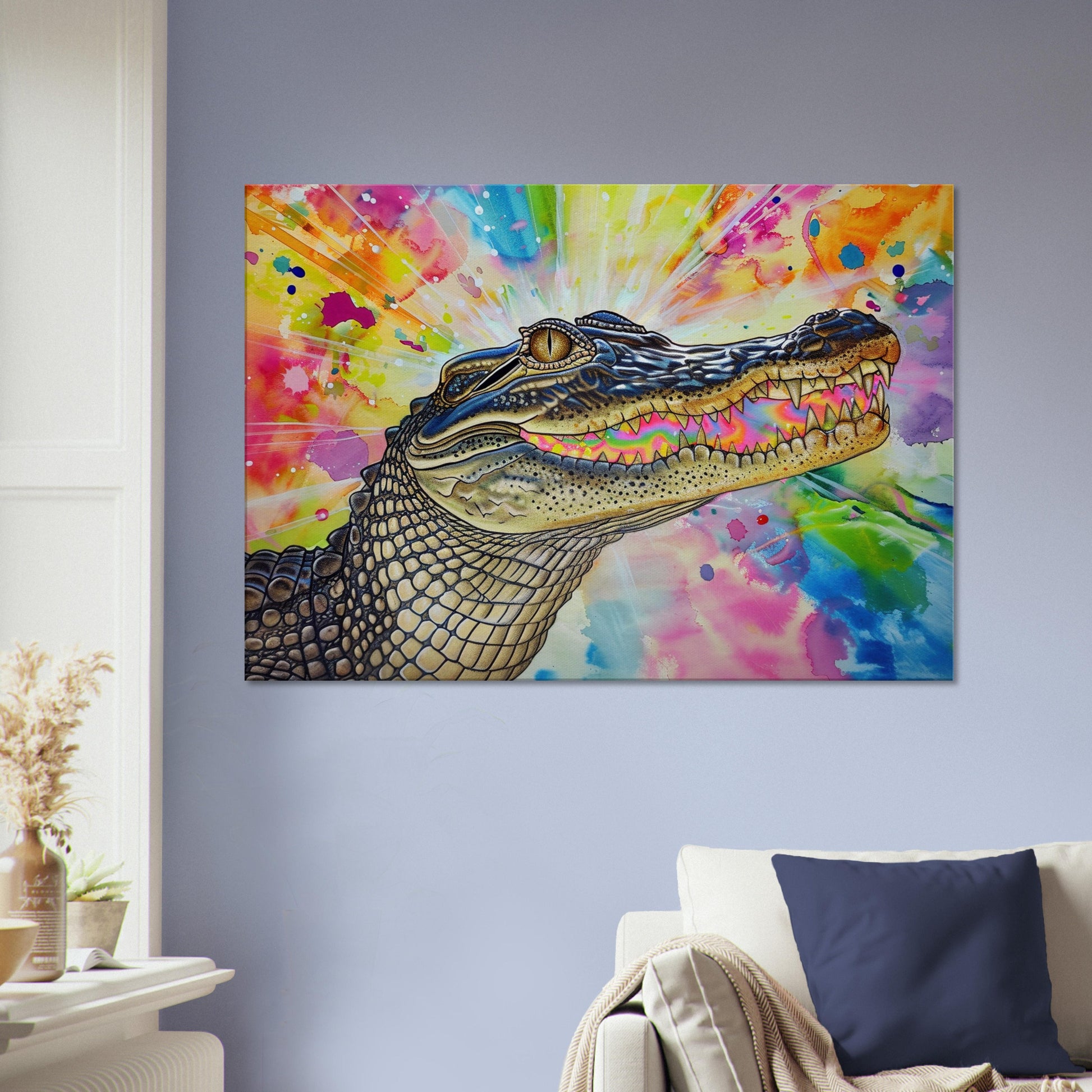 AHHH! Multicolour Crocodile Canvas. Unique Watercolour Reptile Painting Print Safari Animal Decor Gift for Big Croc Lovers Paint Splash Art - CanvasityCrafts - Free Shipping