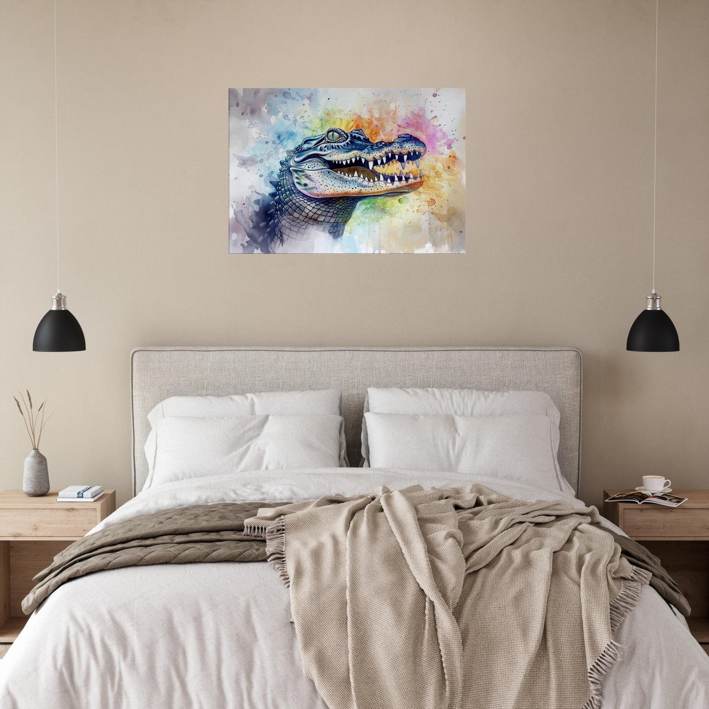 AHHH! Watercolour Crocodile Canvas. Unique Multicolour Reptile Painting Print Safari Animal Decor Gift for Big Croc Lovers Paint Splash Art - CanvasityCrafts - Free Shipping