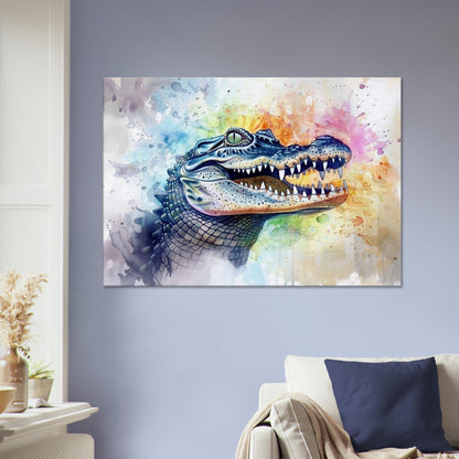 AHHH! Watercolour Crocodile Canvas. Unique Multicolour Reptile Painting Print Safari Animal Decor Gift for Big Croc Lovers Paint Splash Art - CanvasityCrafts - Free Shipping