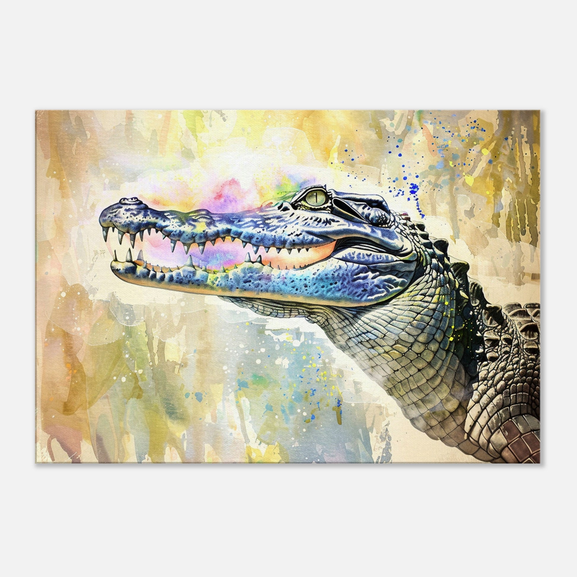 GRRR! Watercolour Crocodile Canvas. Unique Multicolour Reptile Painting Print Safari Animal Decor Gift for Big Croc Lovers Paint Splash Art - CanvasityCrafts - Free Shipping