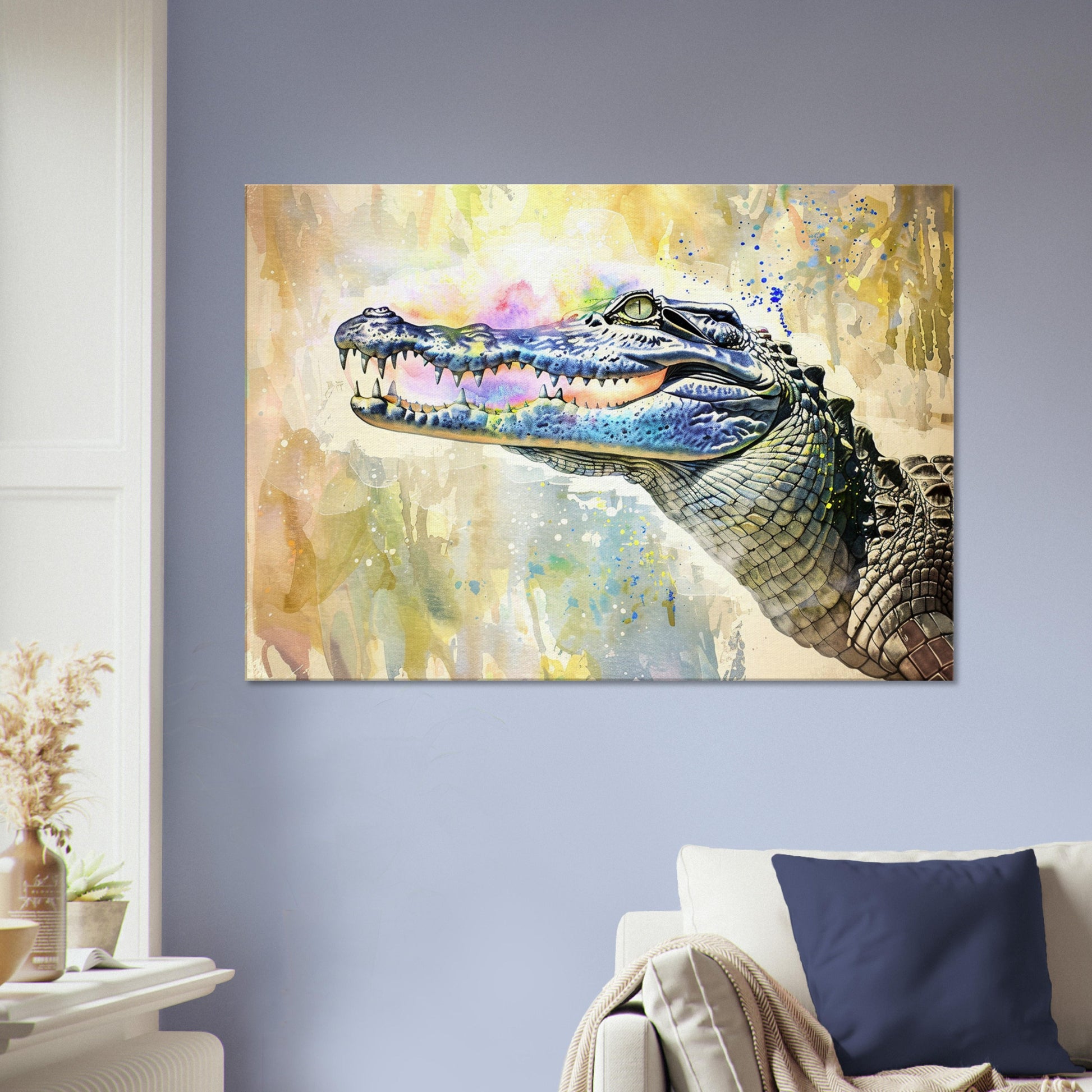 GRRR! Watercolour Crocodile Canvas. Unique Multicolour Reptile Painting Print Safari Animal Decor Gift for Big Croc Lovers Paint Splash Art - CanvasityCrafts - Free Shipping