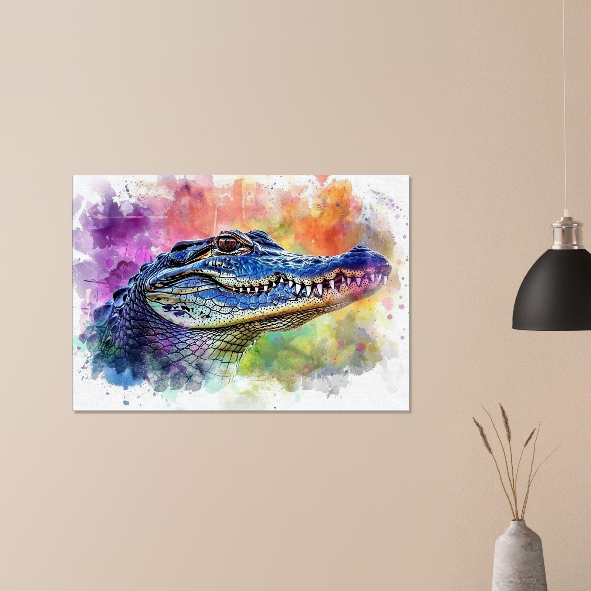 Snap Snap! Watercolour Crocodile Head Canvas. Unique Multicolour Reptile Painting Print Safari Animal Decor, Croc Gift. Paint Splash Art - CanvasityCrafts - Free Shipping