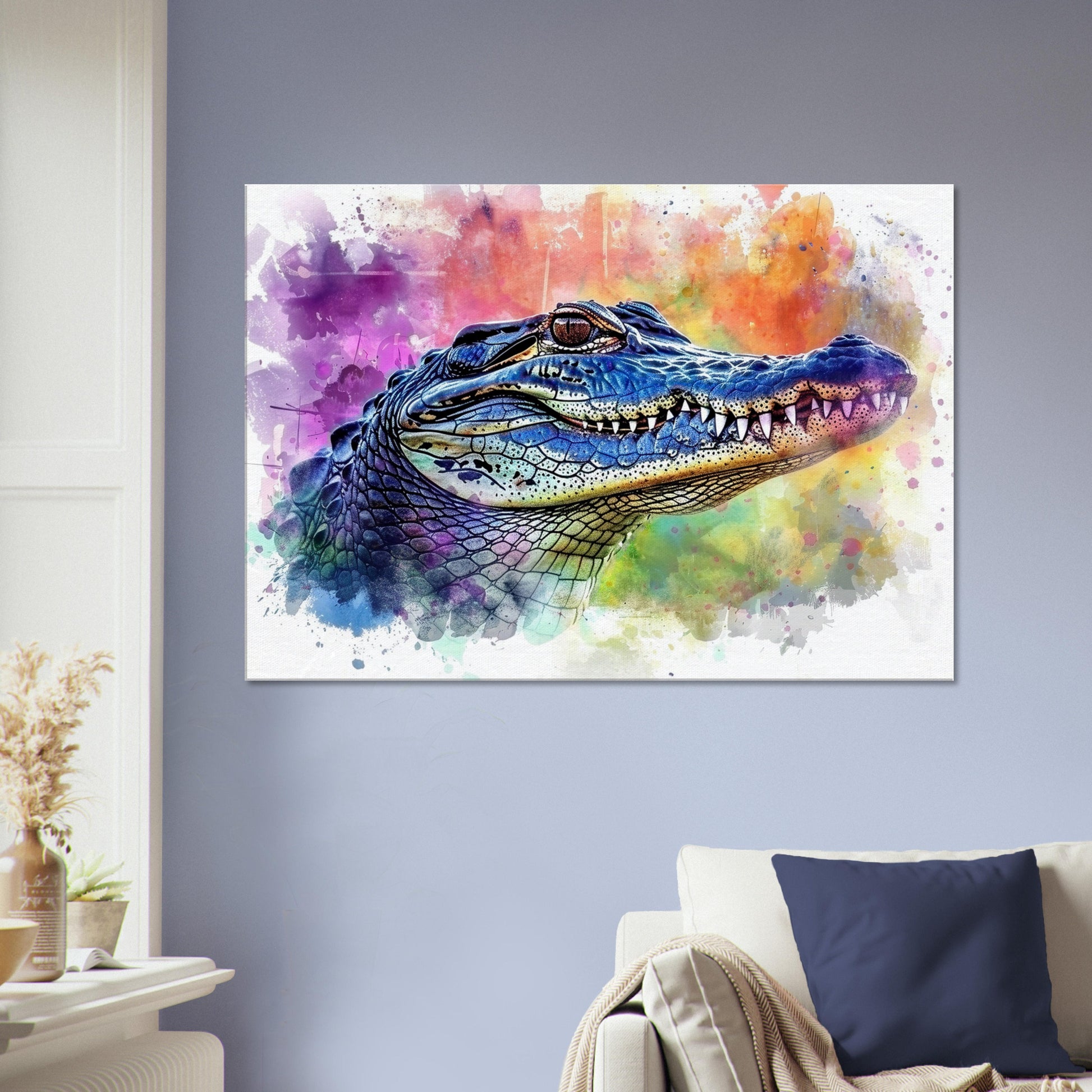 Snap Snap! Watercolour Crocodile Head Canvas. Unique Multicolour Reptile Painting Print Safari Animal Decor, Croc Gift. Paint Splash Art - CanvasityCrafts - Free Shipping