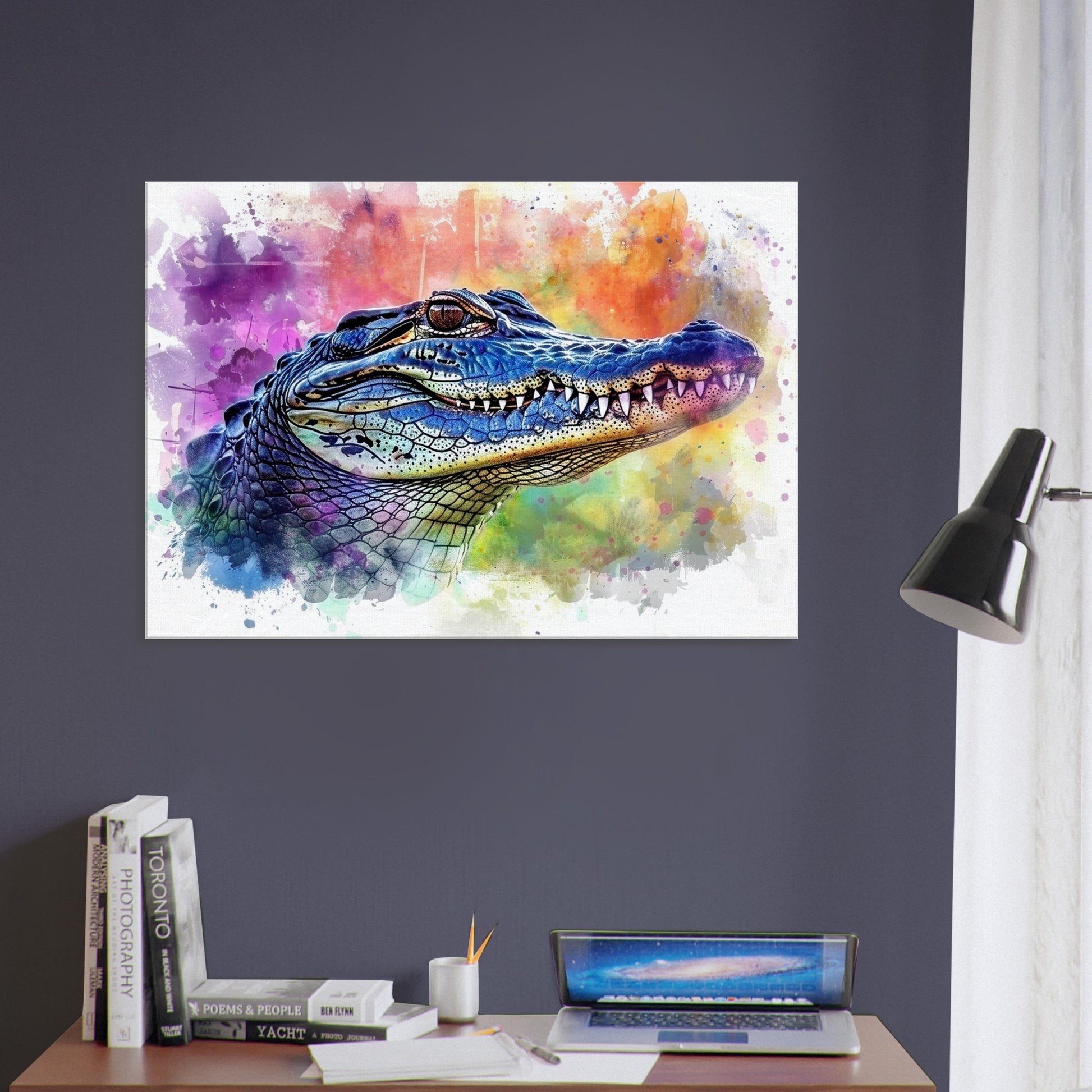 Snap Snap! Watercolour Crocodile Head Canvas. Unique Multicolour Reptile Painting Print Safari Animal Decor, Croc Gift. Paint Splash Art - CanvasityCrafts - Free Shipping