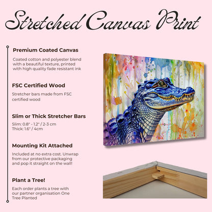 Snap Snap! Watercolour Crocodile Canvas. Unique Multicolour Reptile Painting Print Safari Animal Decor Gift. Paint Splash Art - CanvasityCrafts - Free Shipping