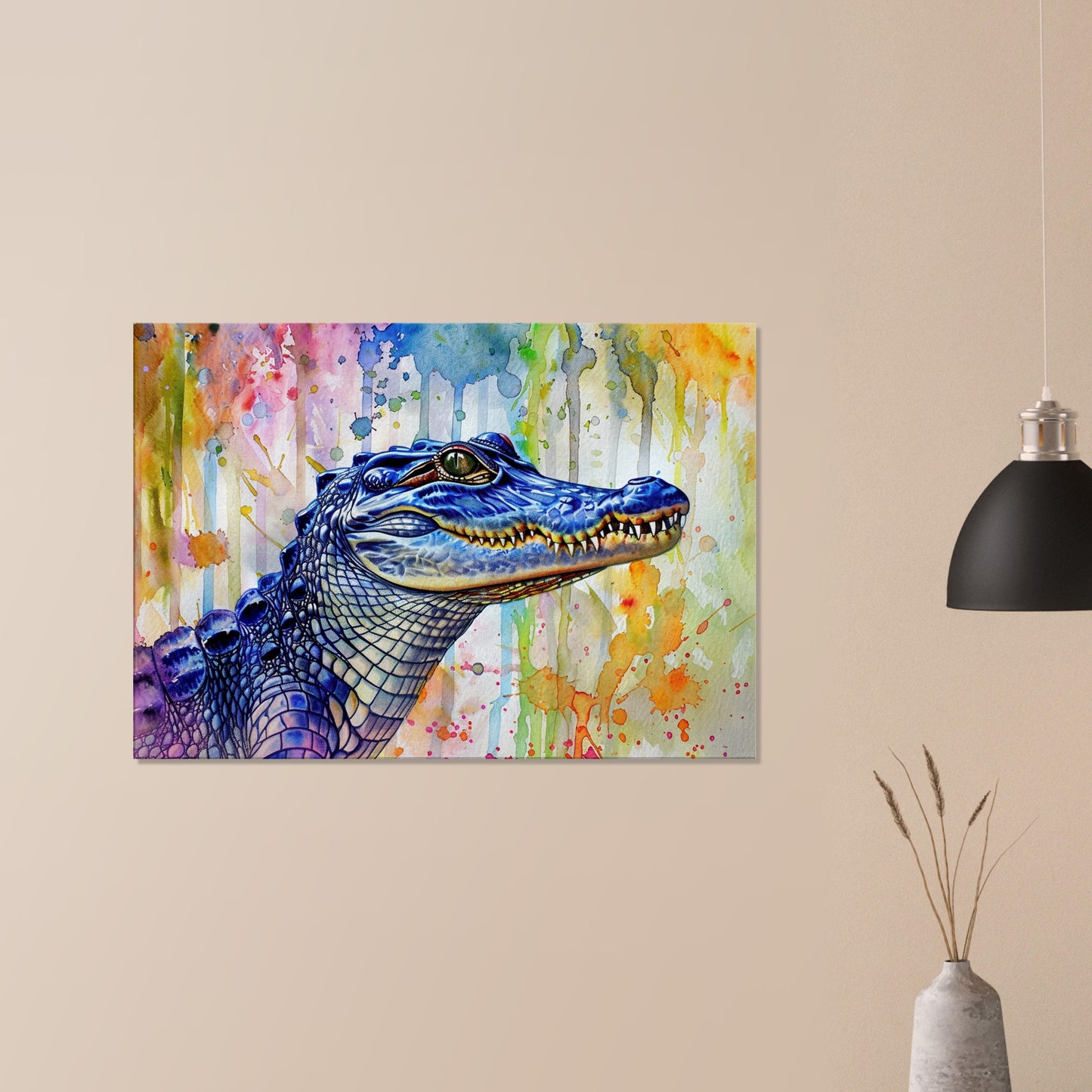 Snap Snap! Watercolour Crocodile Canvas. Unique Multicolour Reptile Painting Print Safari Animal Decor Gift. Paint Splash Art - CanvasityCrafts - Free Shipping