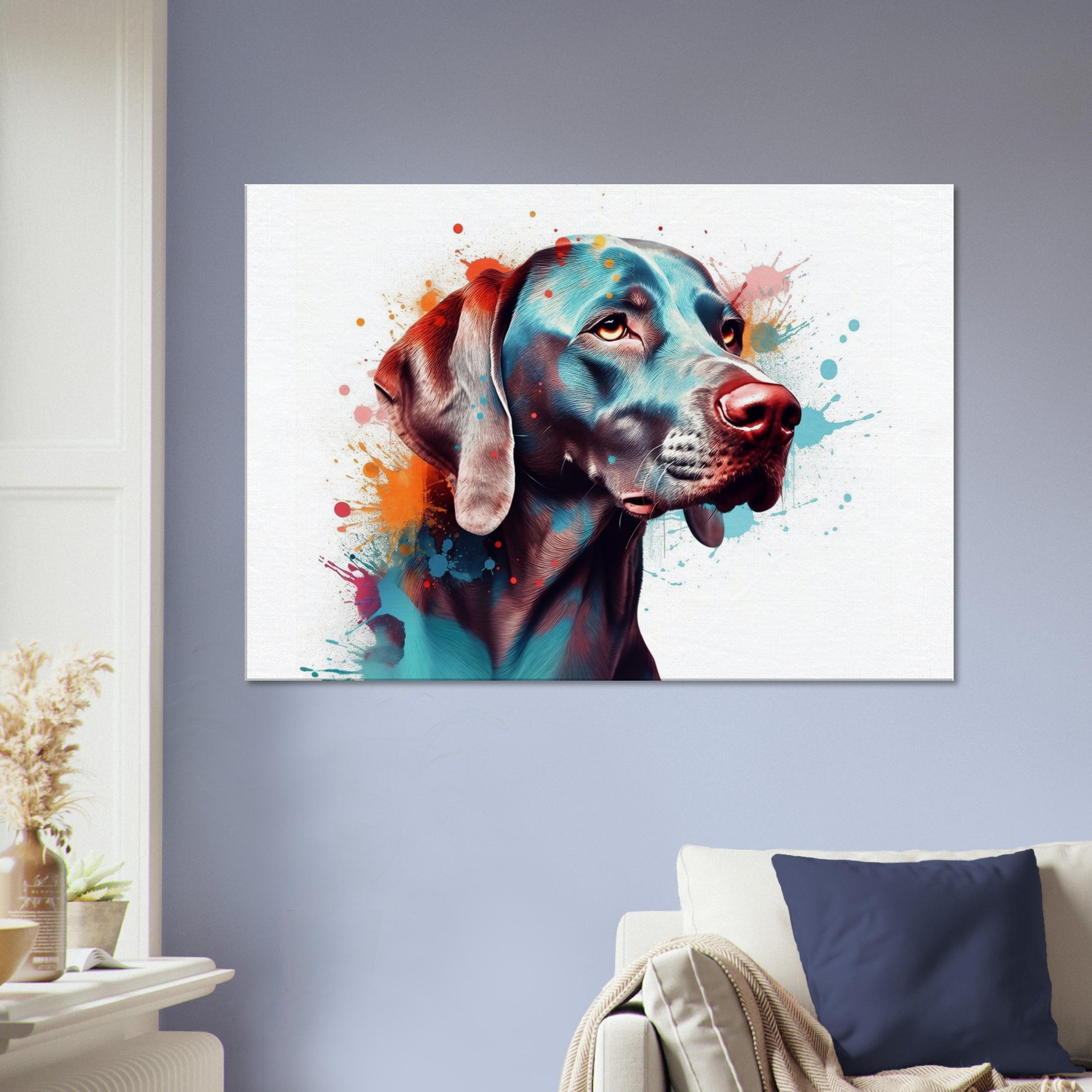 Colourful Weimaraner Canvas Print. Unique Watercolour Dog Painting, Paint Splash Animal Decor, Weim Gift, Splatter Paint Wall Art - CanvasityCrafts - Free Shipping