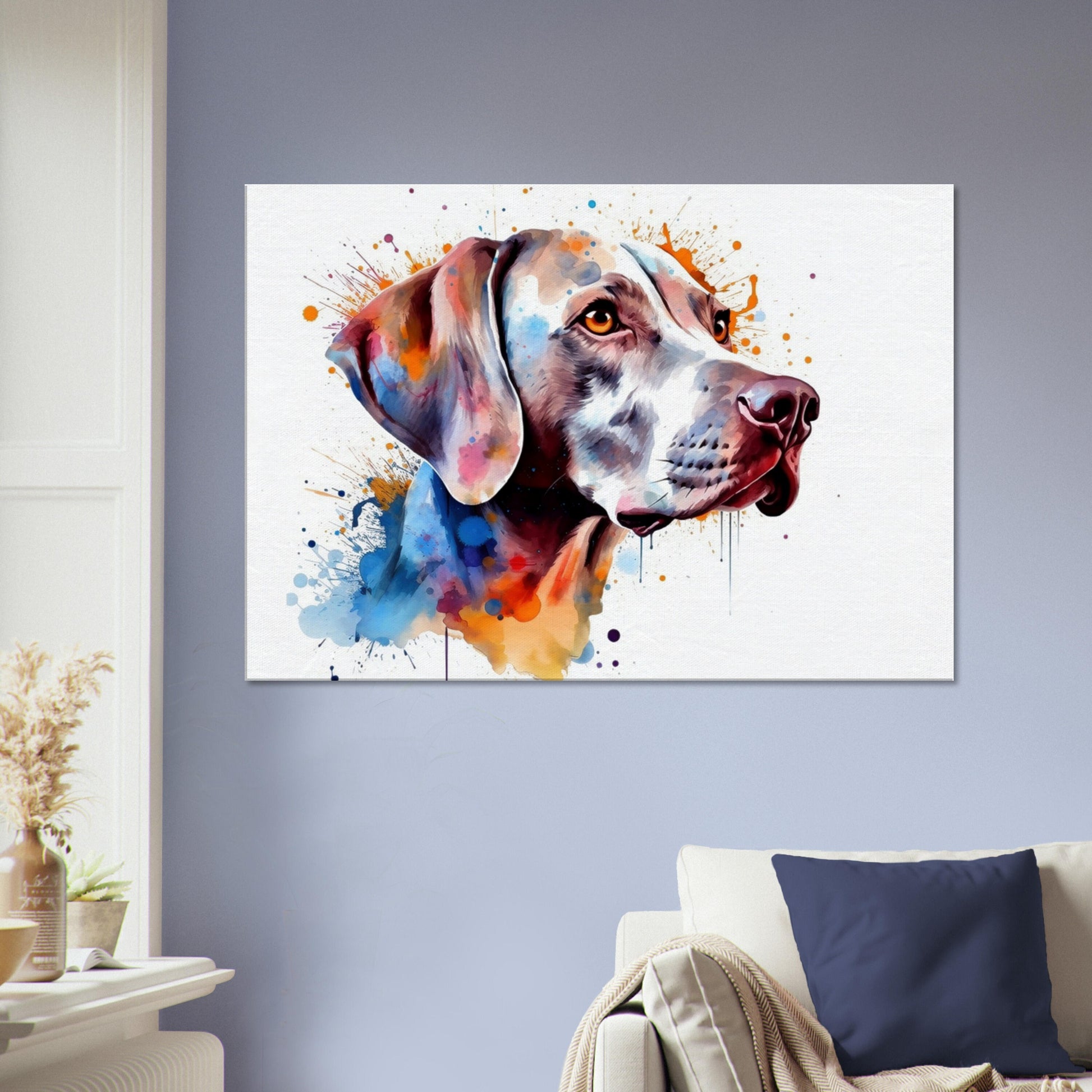 Watercolour Weimaraner Canvas Print. Unique Colourful Dog Painting, Paint Splash Animal Decor, Weim Gift, Splatter Paint Wall Art - CanvasityCrafts - Free Shipping