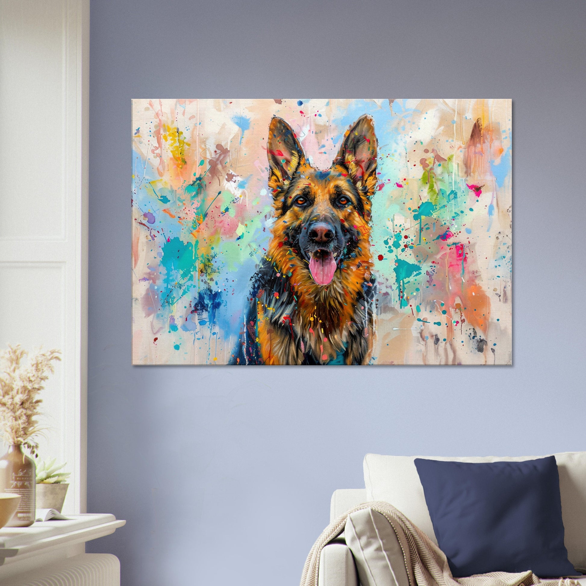 German Shepherd Canvas Print Horizontal or Vertical (Landscape / Portrait). Unique Colourful GSD Dog Painting, Paint Splash Graffiti Gift - CanvasityCrafts - Free Shipping