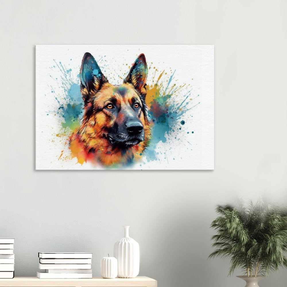 Watercolour German Shepherd Canvas Print. Unique Colourful GSD Dog Painting, Paint Splash Home Decor Gift for Dog Lovers. Animal Wall Art - CanvasityCrafts - Free Shipping