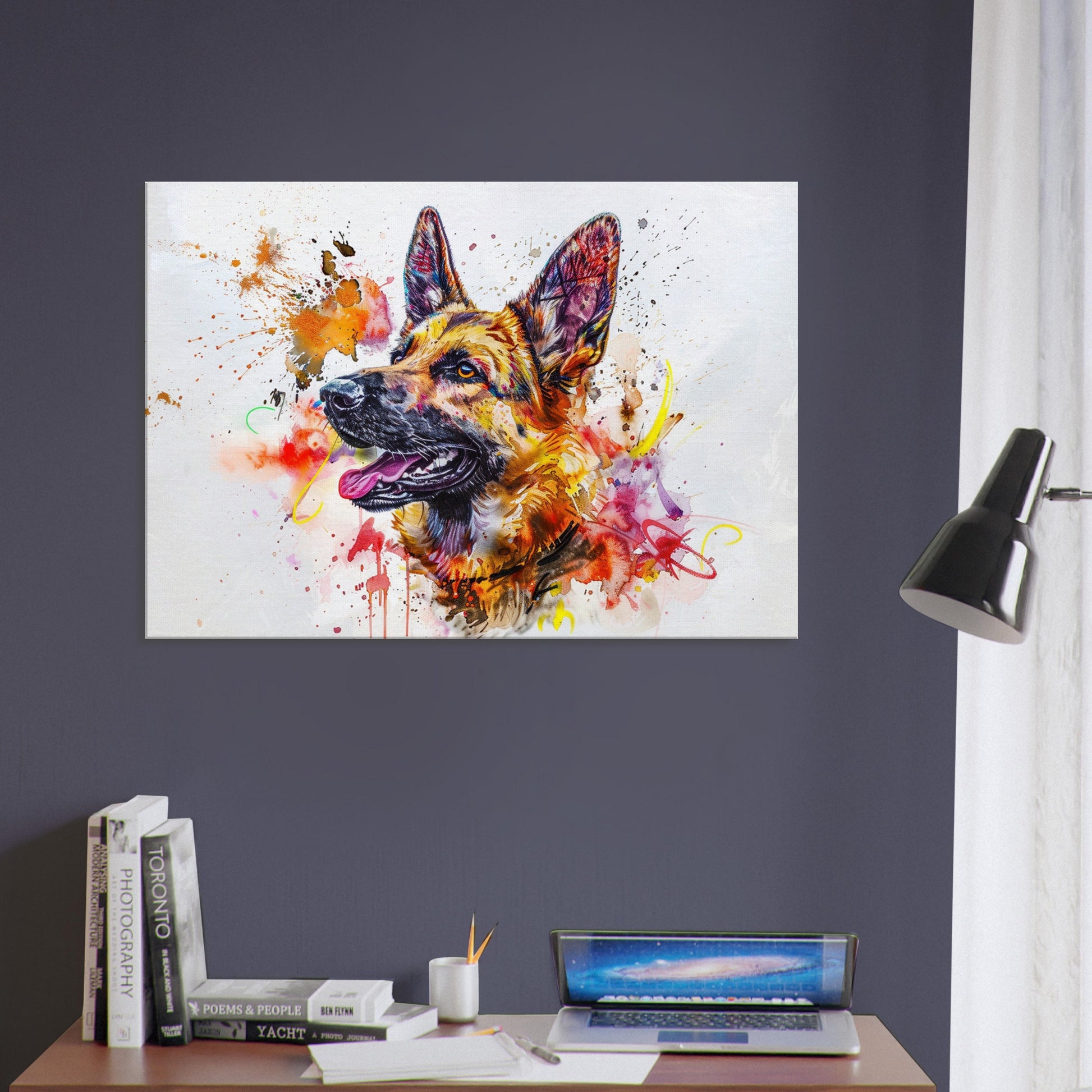 German Shepherd Canvas Print Horizontal or Vertical (Landscape / Portrait). Colourful Watercolour Dog Painting, Paint Splash Graffiti Gift - CanvasityCrafts - Free Shipping