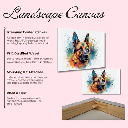 Watercolour German Shepherd Canvas Print. Unique Colourful GSD Dog Painting, Paint Splash Home Decor Gift for Dog Lovers. Animal Wall Art - CanvasityCrafts - Free Shipping