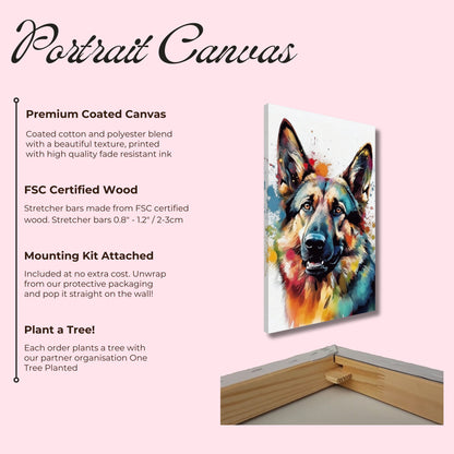 Watercolour German Shepherd Canvas Print Horizontal or Vertical (Landscape / Portrait). Unique Colourful GSD Dog Painting, Paint Splash Gift - CanvasityCrafts - Free Shipping