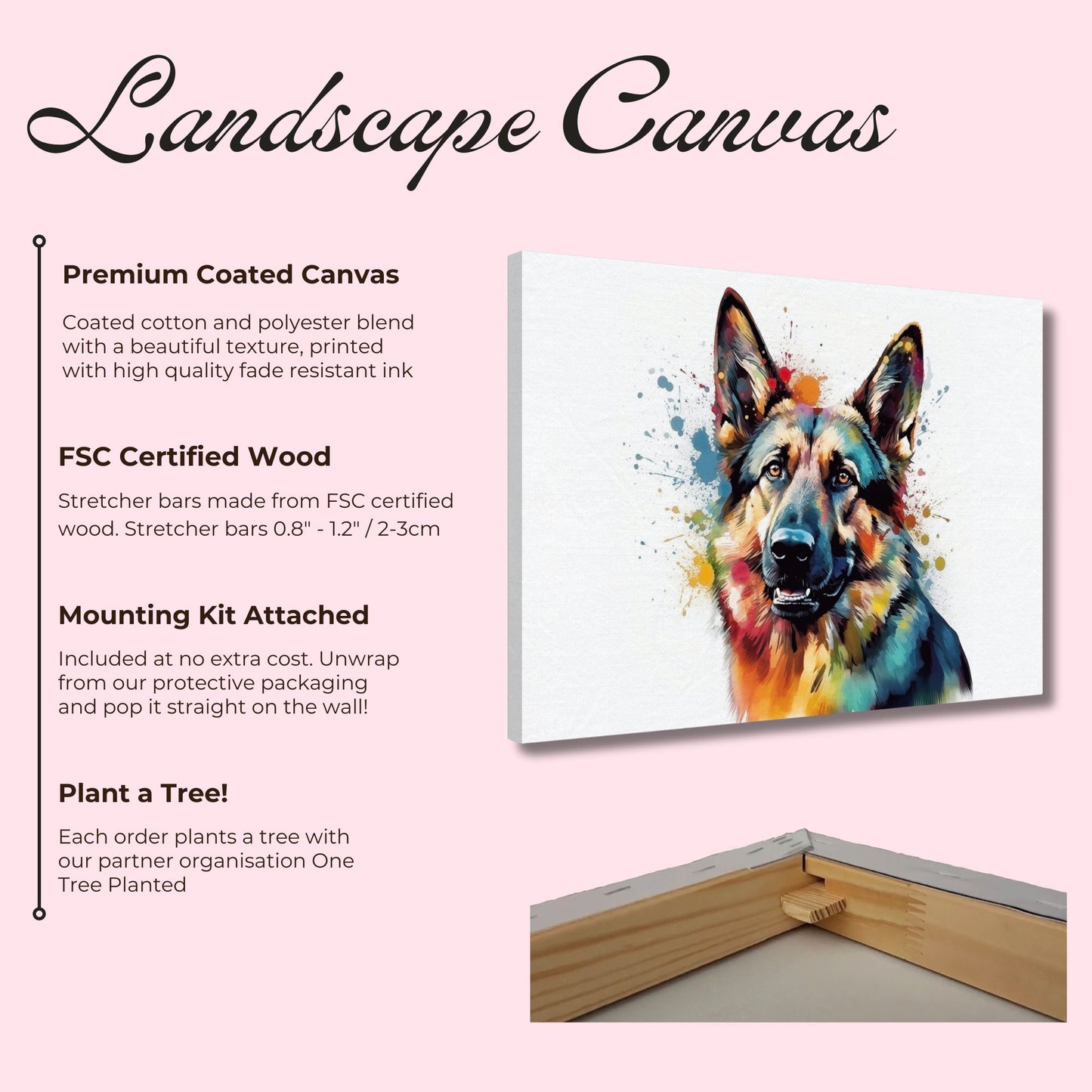 Watercolour German Shepherd Canvas Print Horizontal or Vertical (Landscape / Portrait). Unique Colourful GSD Dog Painting, Paint Splash Gift - CanvasityCrafts - Free Shipping