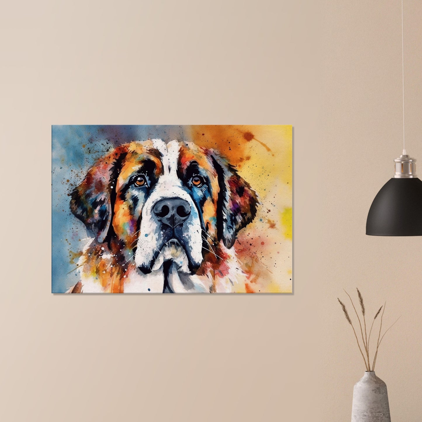 Watercolour St Bernard Canvas Print. Unique Colourful Dog Painting, Paint Splash Animal Decor, Saint Bernard Gift, Splatter Paint Wall Art - CanvasityCrafts - Free Shipping