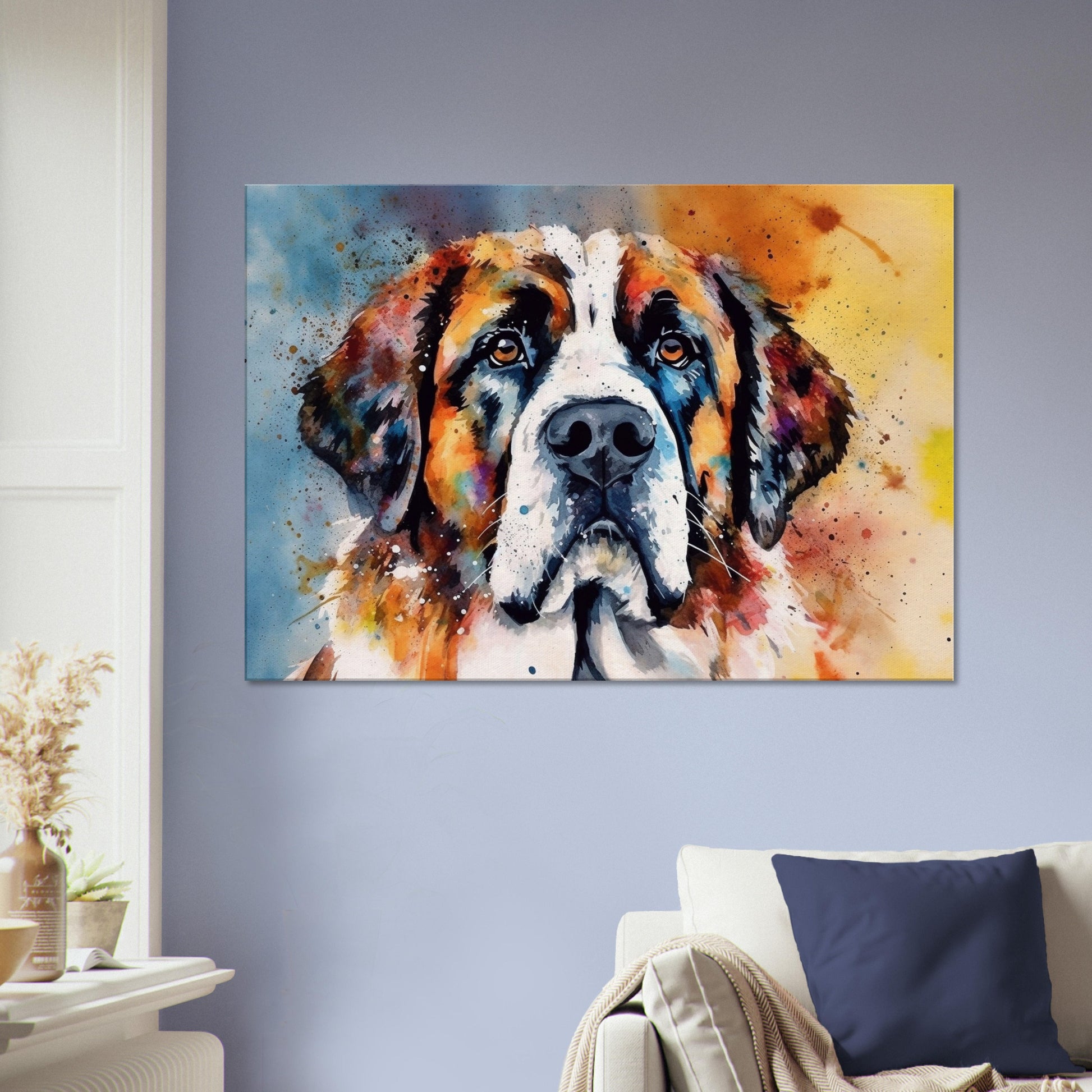 Watercolour St Bernard Canvas Print. Unique Colourful Dog Painting, Paint Splash Animal Decor, Saint Bernard Gift, Splatter Paint Wall Art - CanvasityCrafts - Free Shipping