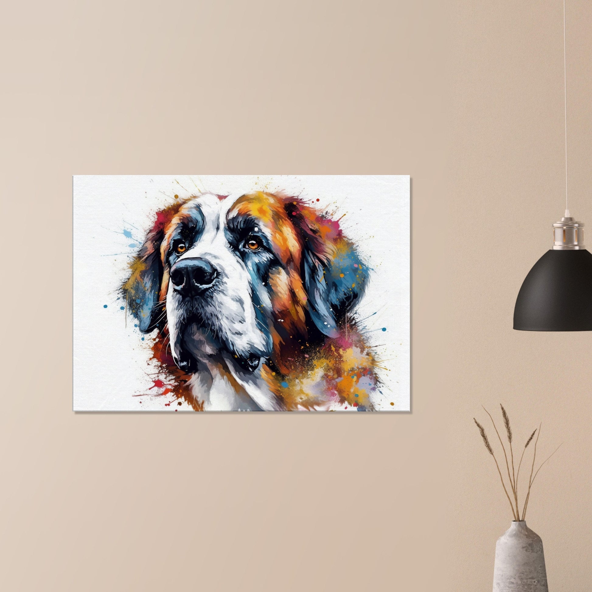 St Bernard Canvas Print. Unique Colourful Watercolour Dog Painting, Paint Splash Animal Decor, Saint Bernard Gift, Splatter Paint Wall Art - CanvasityCrafts - Free Shipping