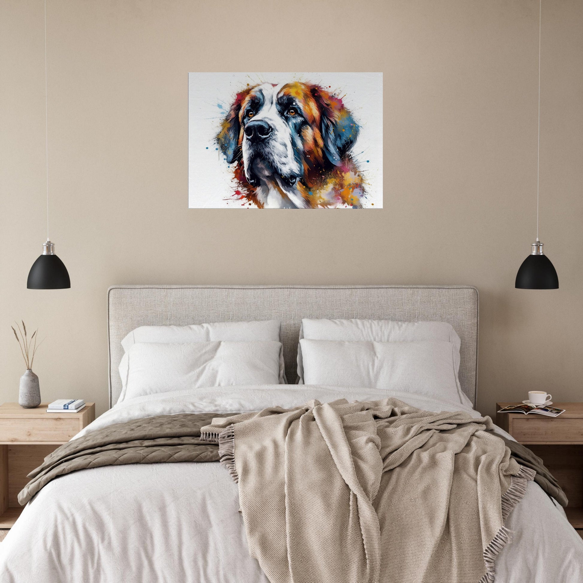 St Bernard Canvas Print. Unique Colourful Watercolour Dog Painting, Paint Splash Animal Decor, Saint Bernard Gift, Splatter Paint Wall Art - CanvasityCrafts - Free Shipping