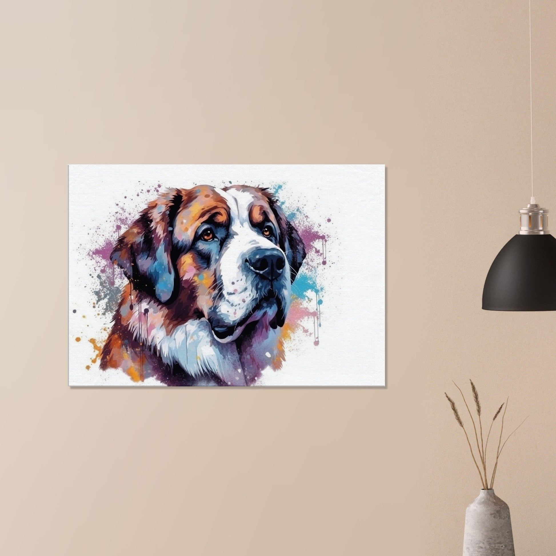 Saint Bernard Canvas Print. Unique Colourful Watercolour Dog Painting, Paint Splash Animal Decor, St Bernard Gift, Splatter Paint Wall Art - CanvasityCrafts - Free Shipping