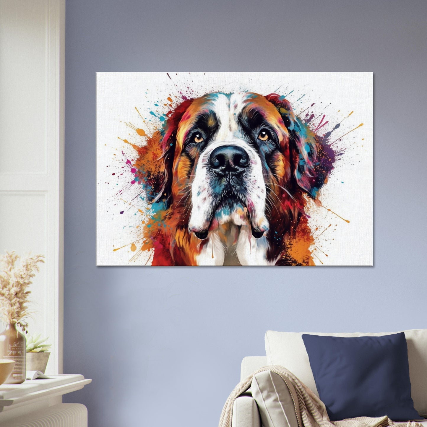 Saint Bernard Canvas Print. Unique Colourful Watercolour Dog Painting, Paint Splash Animal Decor, St Bernard Gift, Splatter Paint Wall Art - CanvasityCrafts - Free Shipping