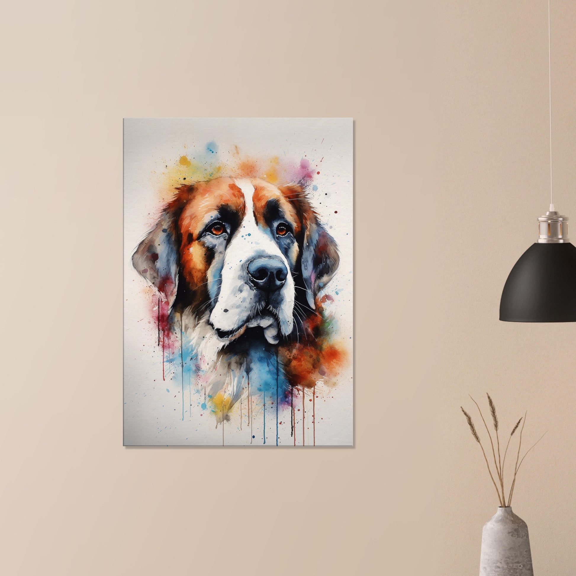 Watercolour St Bernard Canvas Print. Unique Colourful Dog Painting, Paint Splash Animal Decor, Saint Bernard Gift, Splatter Paint Wall Art - CanvasityCrafts - Free Shipping