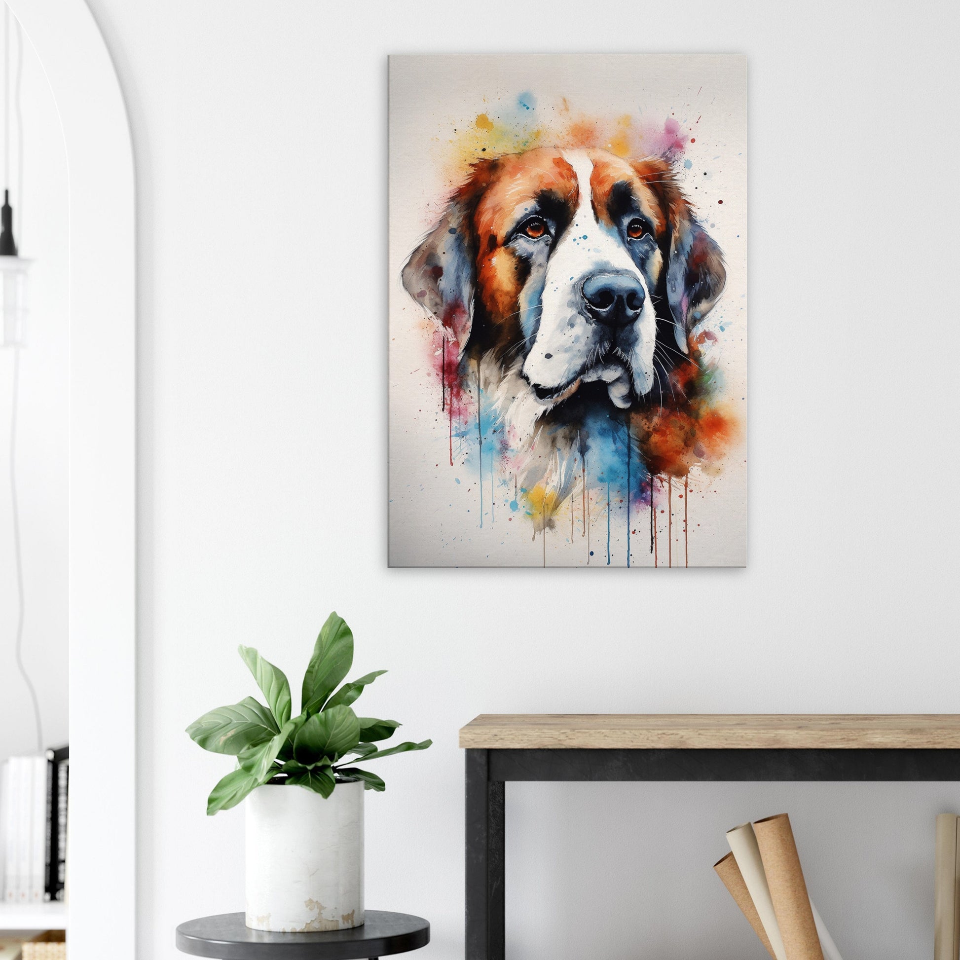 Watercolour St Bernard Canvas Print. Unique Colourful Dog Painting, Paint Splash Animal Decor, Saint Bernard Gift, Splatter Paint Wall Art - CanvasityCrafts - Free Shipping