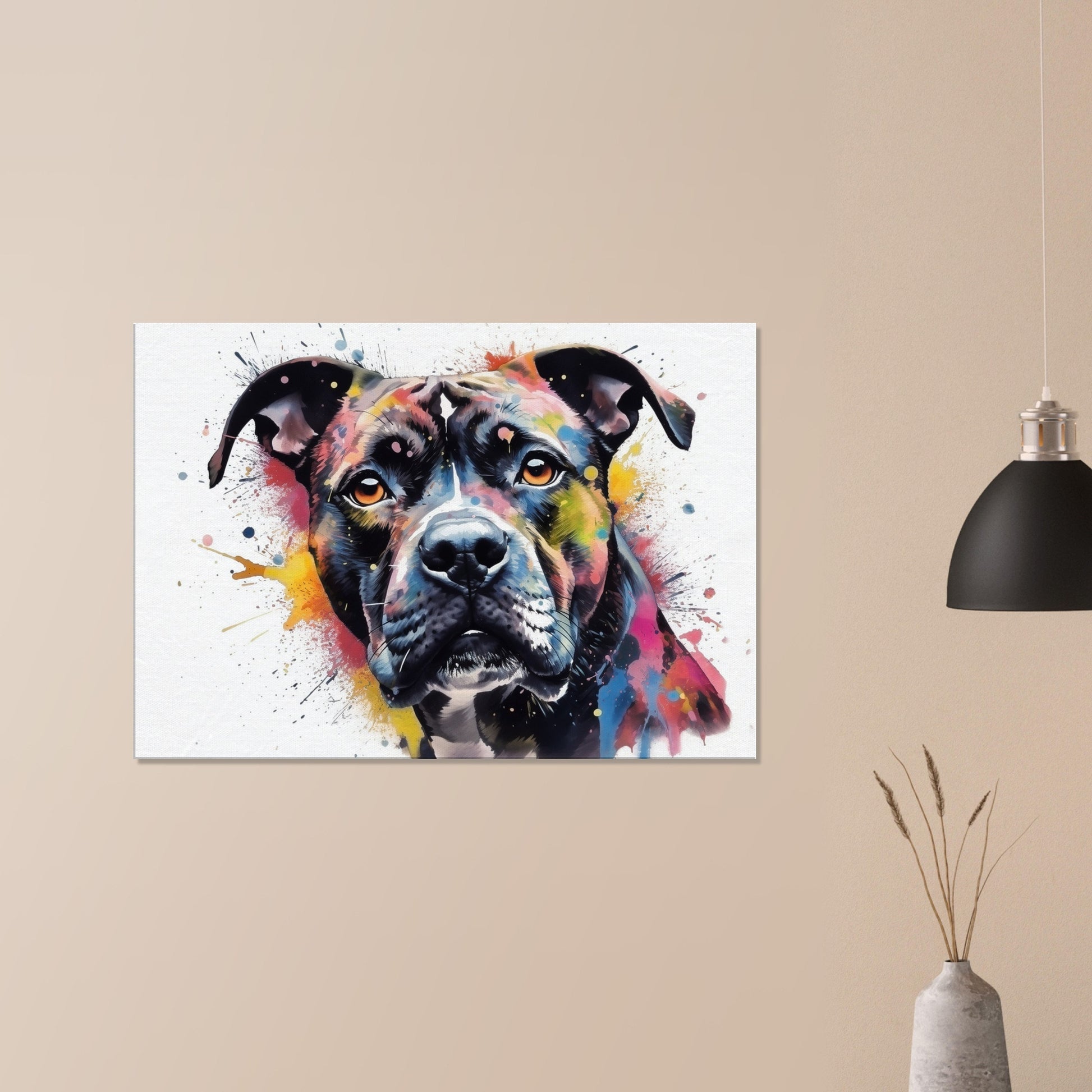 Black Staffordshire Bull Terrier Canvas Print. Unique Watercolour Staffy Dog Painting, Colourful Animal Decor Gift, Paint Splash Wall Art - CanvasityCrafts - Free Shipping