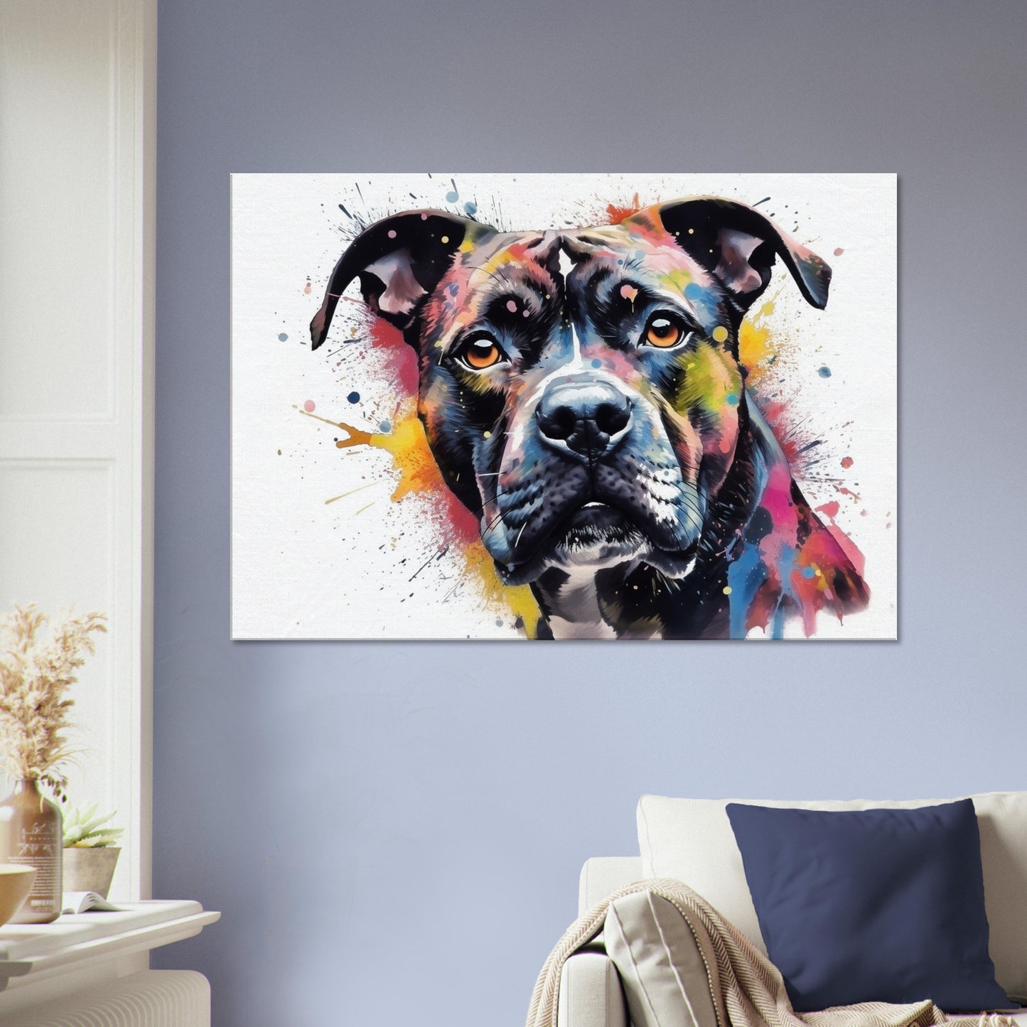 Black Staffordshire Bull Terrier Canvas Print. Unique Watercolour Staffy Dog Painting, Colourful Animal Decor Gift, Paint Splash Wall Art - CanvasityCrafts - Free Shipping