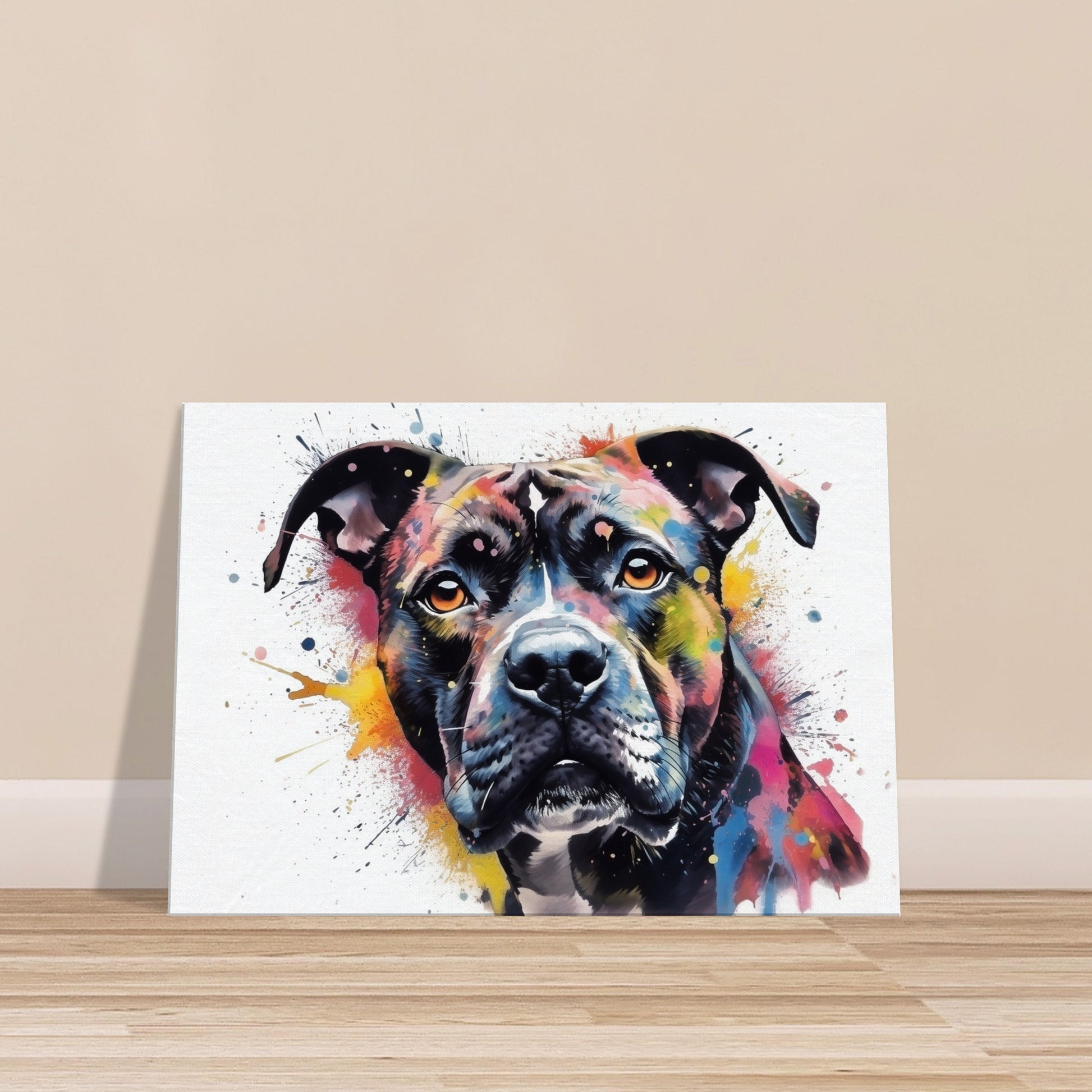 Black Staffordshire Bull Terrier Canvas Print. Unique Watercolour Staffy Dog Painting, Colourful Animal Decor Gift, Paint Splash Wall Art - CanvasityCrafts - Free Shipping