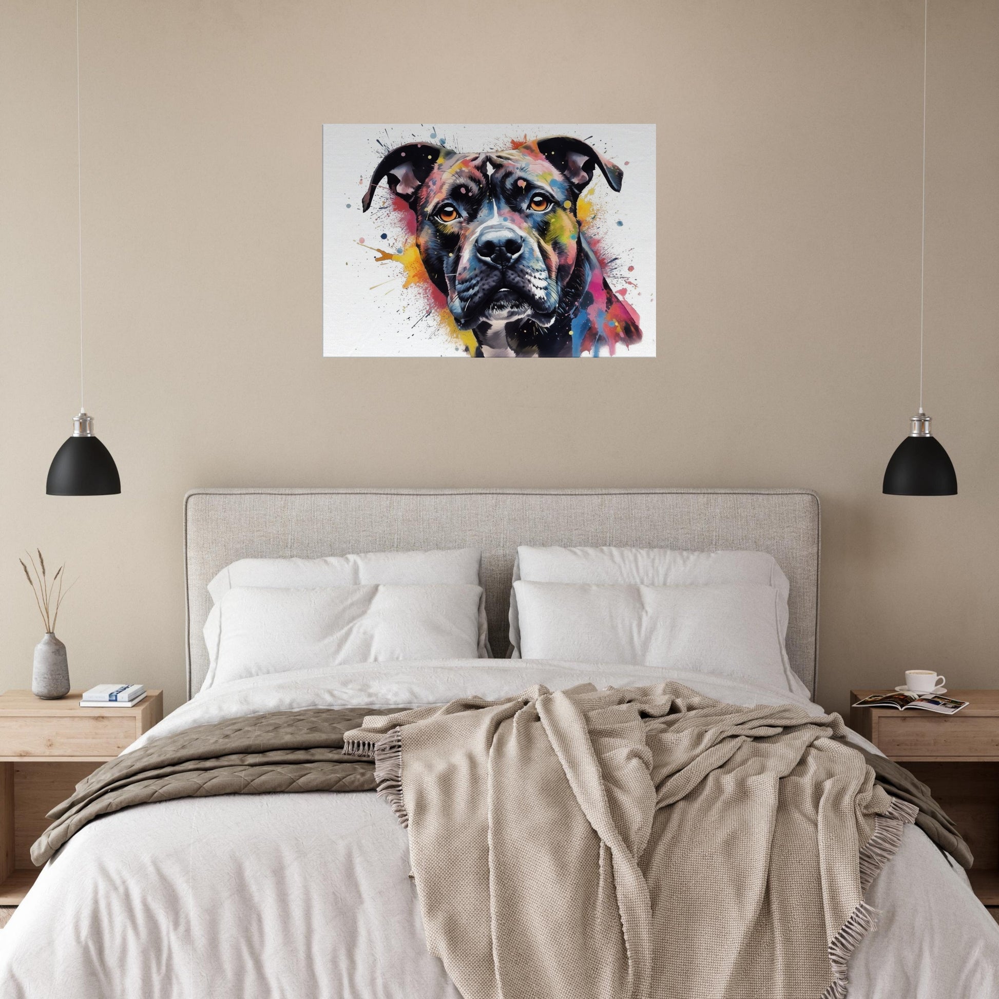 Black Staffordshire Bull Terrier Canvas Print. Unique Watercolour Staffy Dog Painting, Colourful Animal Decor Gift, Paint Splash Wall Art - CanvasityCrafts - Free Shipping