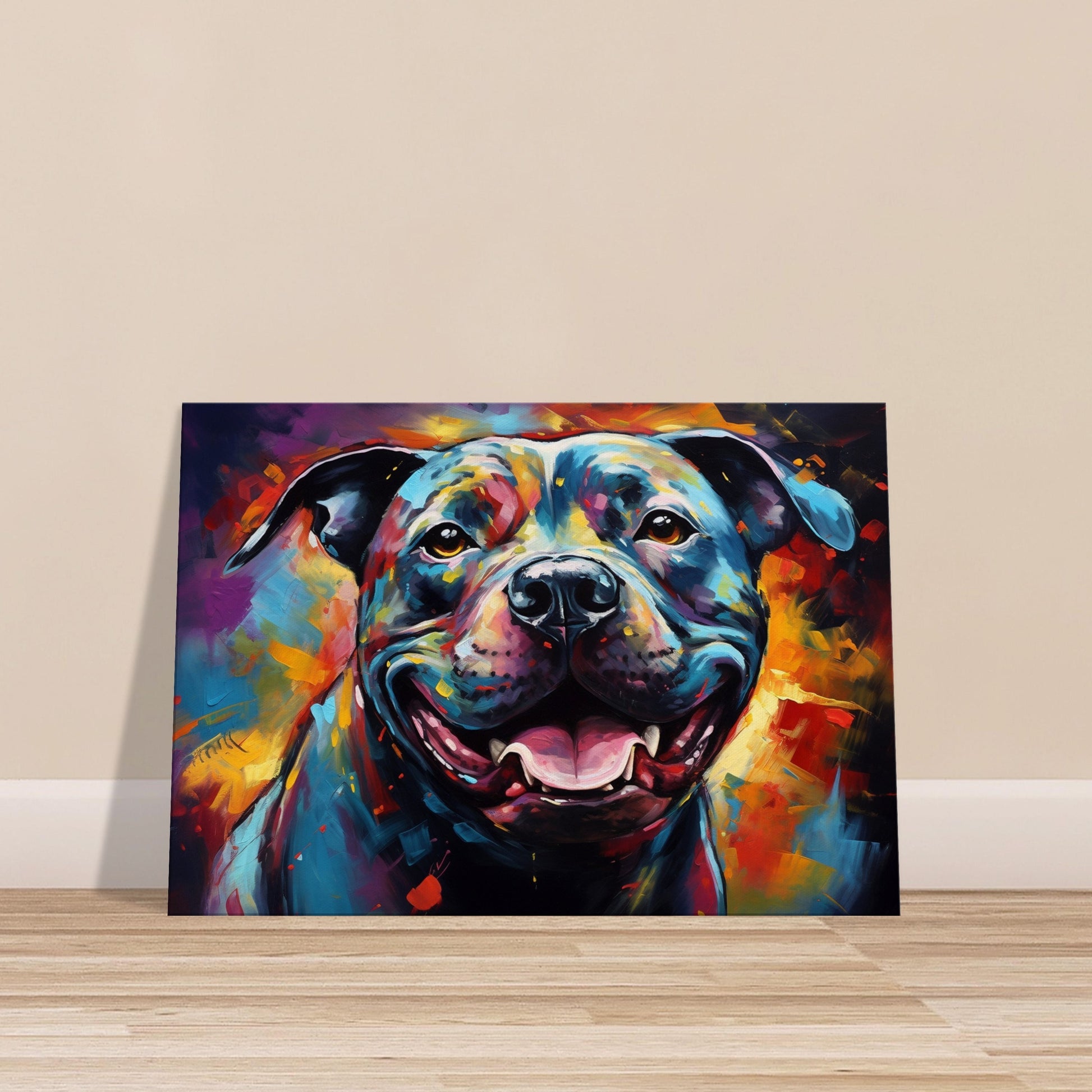 Black Staffordshire Bull Terrier Canvas Print. Unique Abstract Happy Staffy Dog Painting, Colourful Animal Decor Gift, Paint Splash Wall Art - CanvasityCrafts - Free Shipping