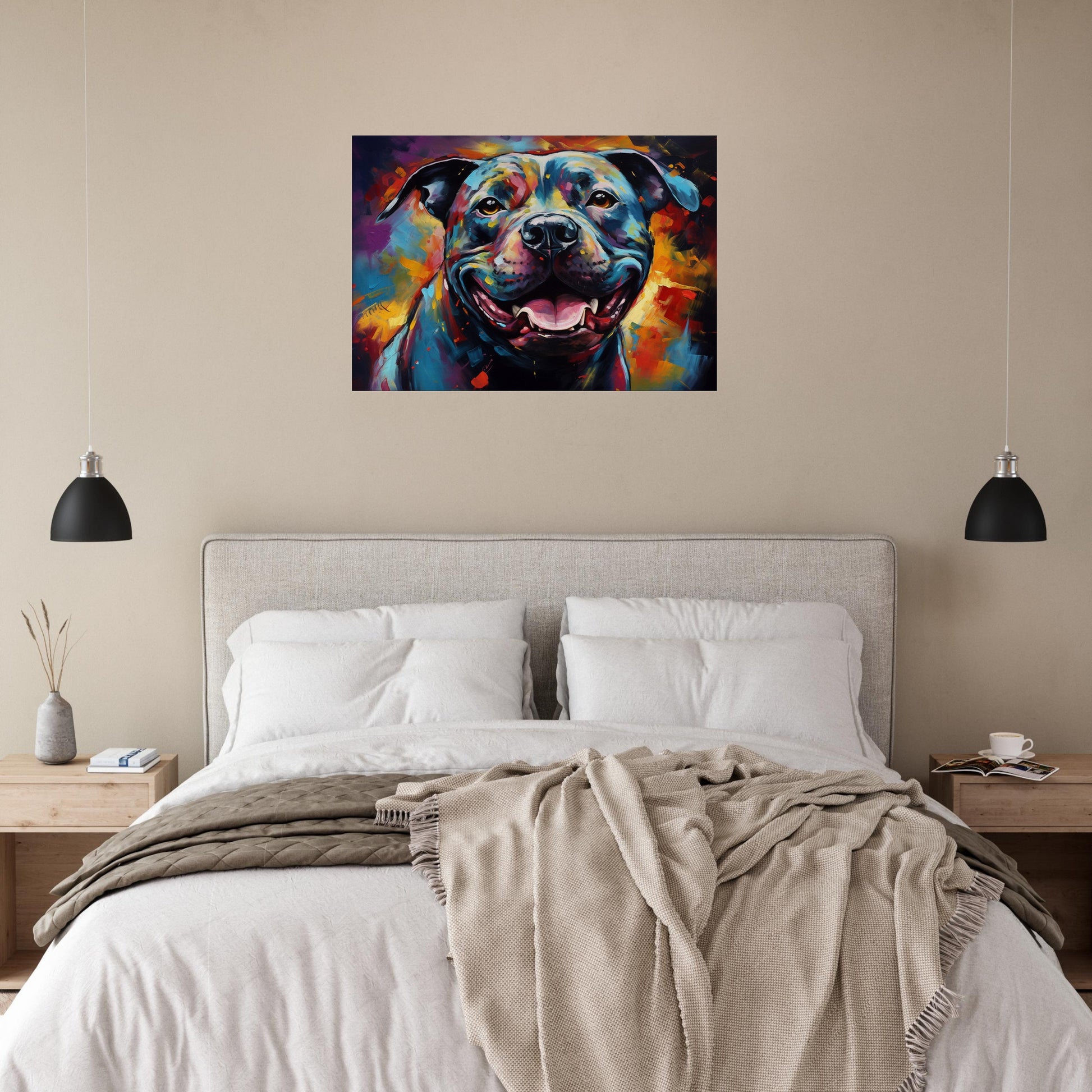 Black Staffordshire Bull Terrier Canvas Print. Unique Abstract Happy Staffy Dog Painting, Colourful Animal Decor Gift, Paint Splash Wall Art - CanvasityCrafts - Free Shipping