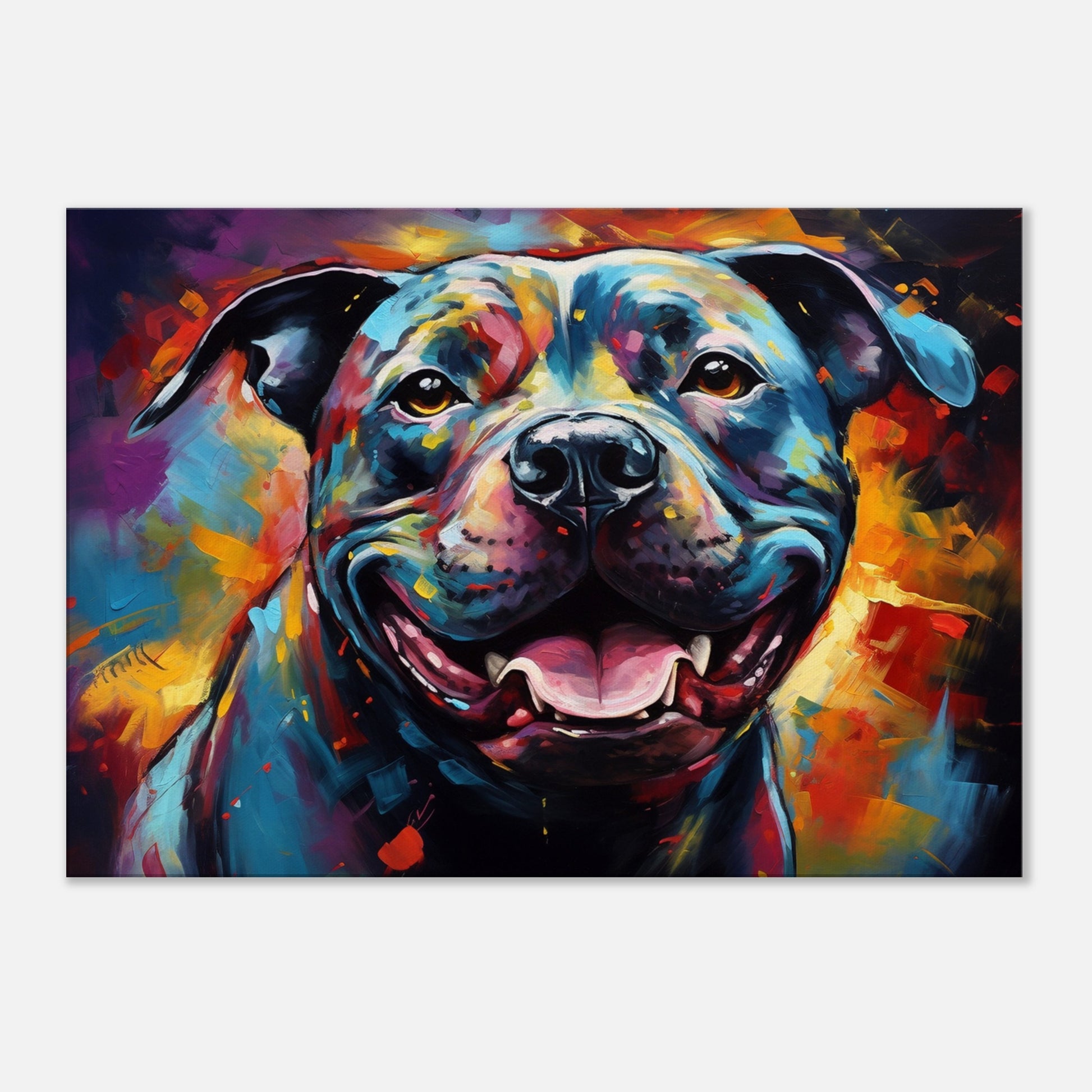 Black Staffordshire Bull Terrier Canvas Print. Unique Abstract Happy Staffy Dog Painting, Colourful Animal Decor Gift, Paint Splash Wall Art - CanvasityCrafts - Free Shipping