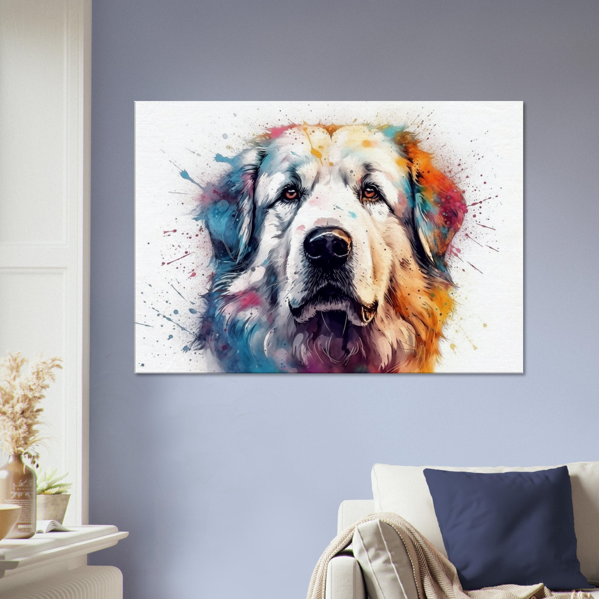 Majestic Great Pyrenees Canvas Print. Watercolor Wall Art Gift for Dog Lovers, Pyrenees Mom, Dad, Rainbow Splatter Painting, Paint Splash - CanvasityCrafts - Free Shipping