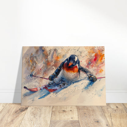 Watercolour Skiing Penguin Canvas Print. Funny Animal Wall Art Gift for Ski Lover, Skier, Snowboarder Unique Colourful Paint Splash Painting - CanvasityCrafts - Free Shipping