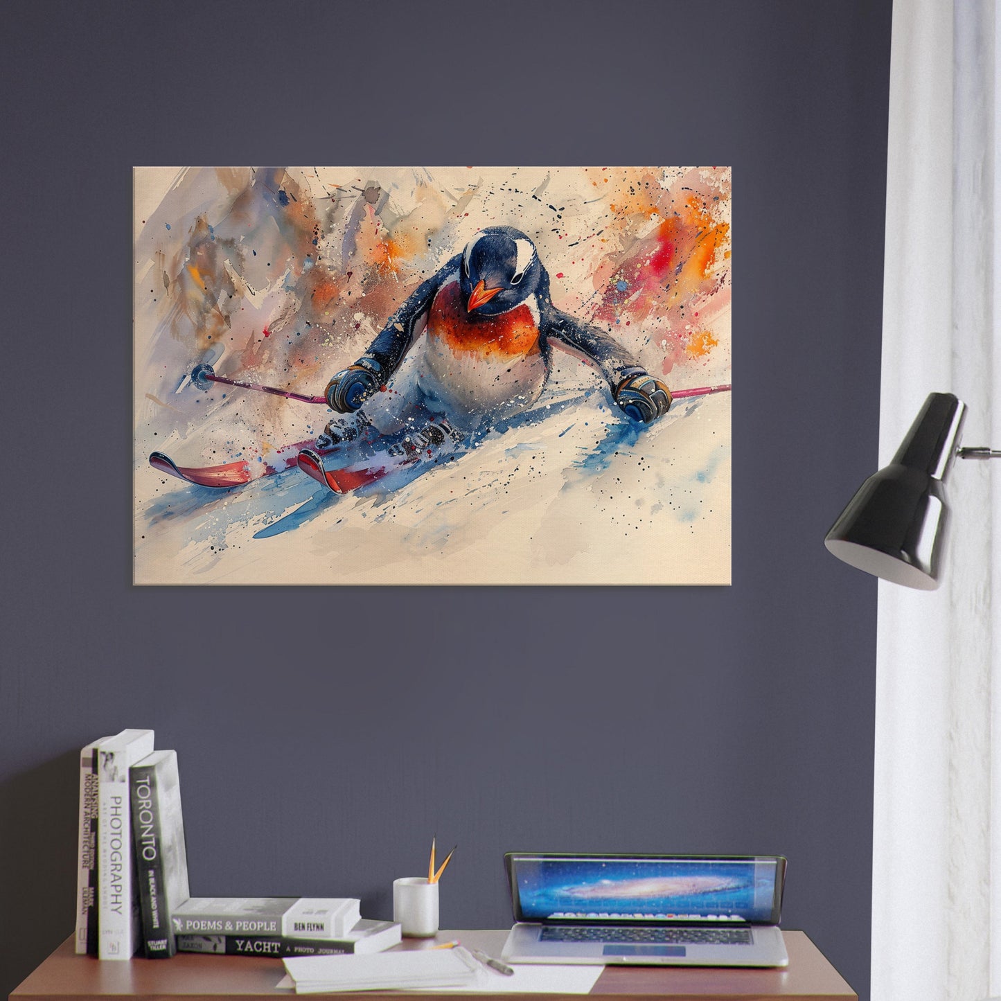 Watercolour Skiing Penguin Canvas Print. Funny Animal Wall Art Gift for Ski Lover, Skier, Snowboarder Unique Colourful Paint Splash Painting - CanvasityCrafts - Free Shipping