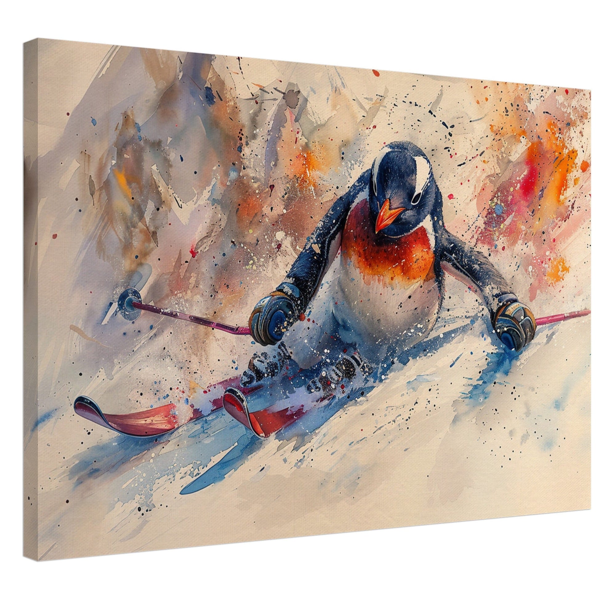 Watercolour Skiing Penguin Canvas Print. Funny Animal Wall Art Gift for Ski Lover, Skier, Snowboarder Unique Colourful Paint Splash Painting - CanvasityCrafts - Free Shipping