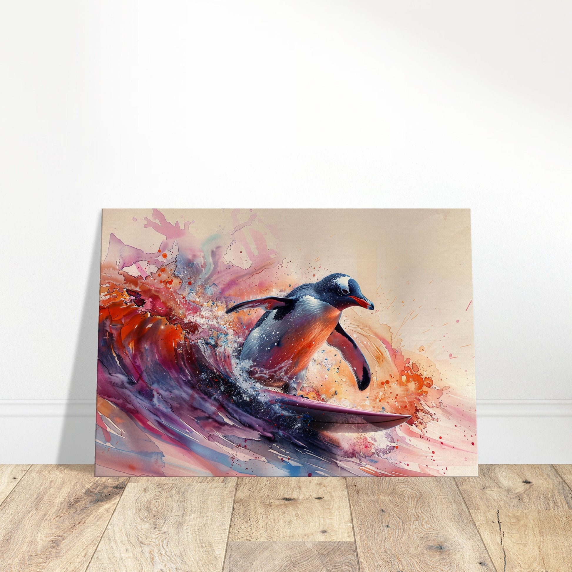 Watercolour Surfing Penguin Canvas Print. Funny Animal Wall Art Gift for Surfers, Surf Lover, Surfboarder, Paint Splash Painting - CanvasityCrafts - Free Shipping