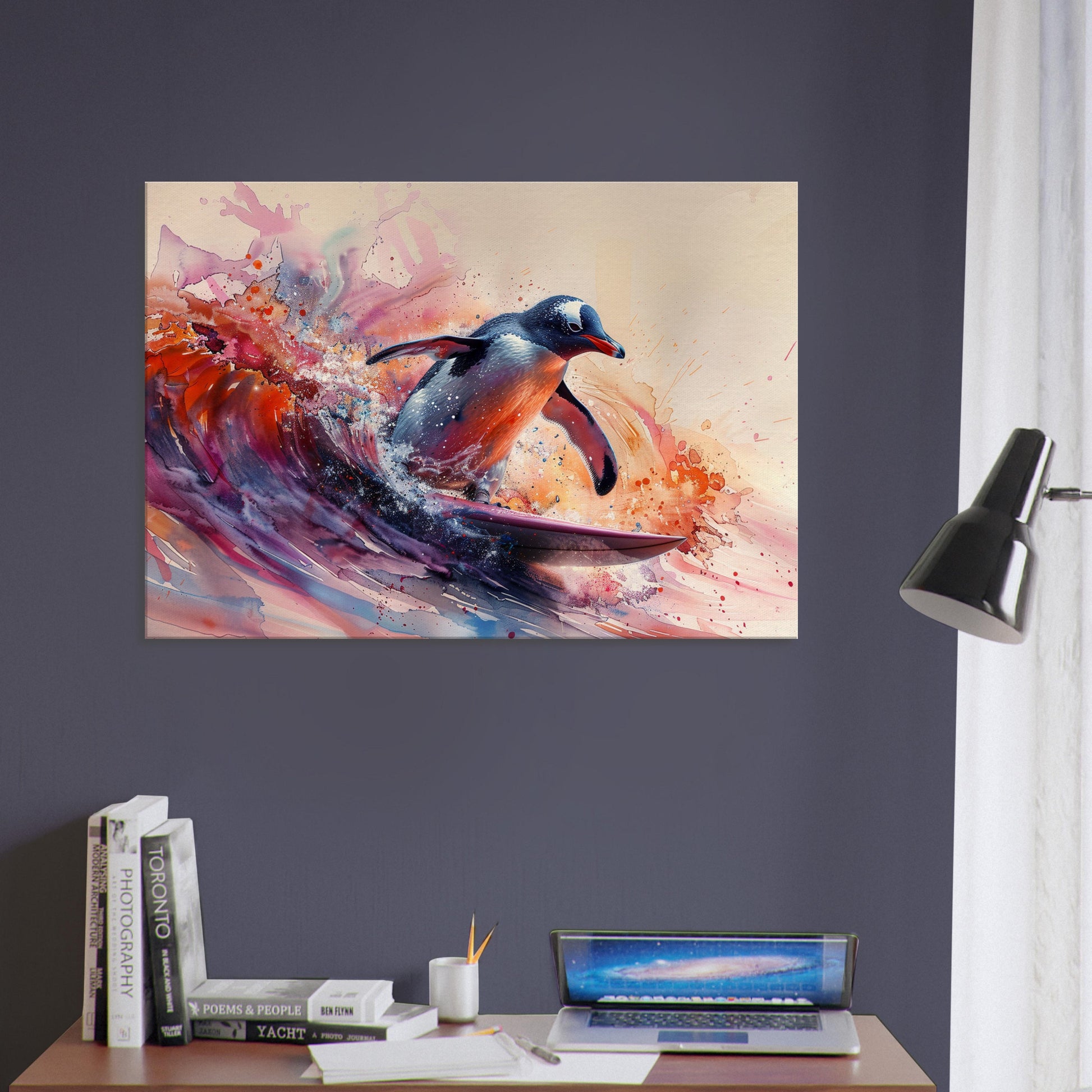 Watercolour Surfing Penguin Canvas Print. Funny Animal Wall Art Gift for Surfers, Surf Lover, Surfboarder, Paint Splash Painting - CanvasityCrafts - Free Shipping