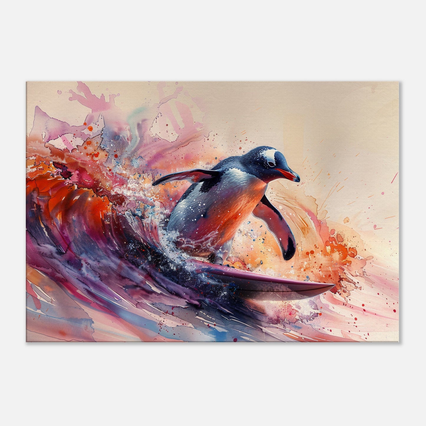 Watercolour Surfing Penguin Canvas Print. Funny Animal Wall Art Gift for Surfers, Surf Lover, Surfboarder, Paint Splash Painting - CanvasityCrafts - Free Shipping