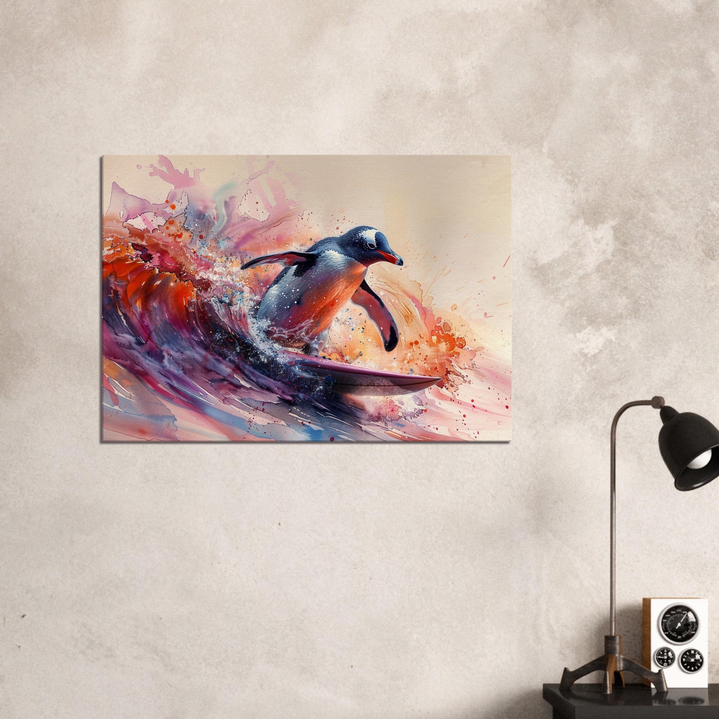 Watercolour Surfing Penguin Canvas Print. Funny Animal Wall Art Gift for Surfers, Surf Lover, Surfboarder, Paint Splash Painting - CanvasityCrafts - Free Shipping