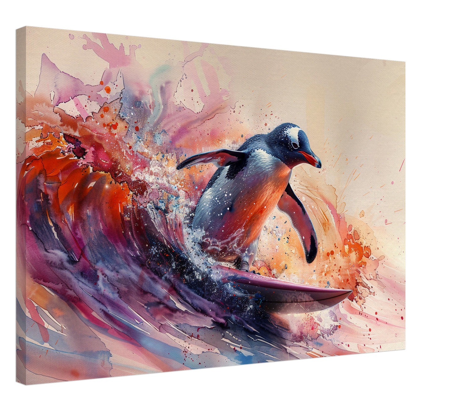 Watercolour Surfing Penguin Canvas Print. Funny Animal Wall Art Gift for Surfers, Surf Lover, Surfboarder, Paint Splash Painting - CanvasityCrafts - Free Shipping