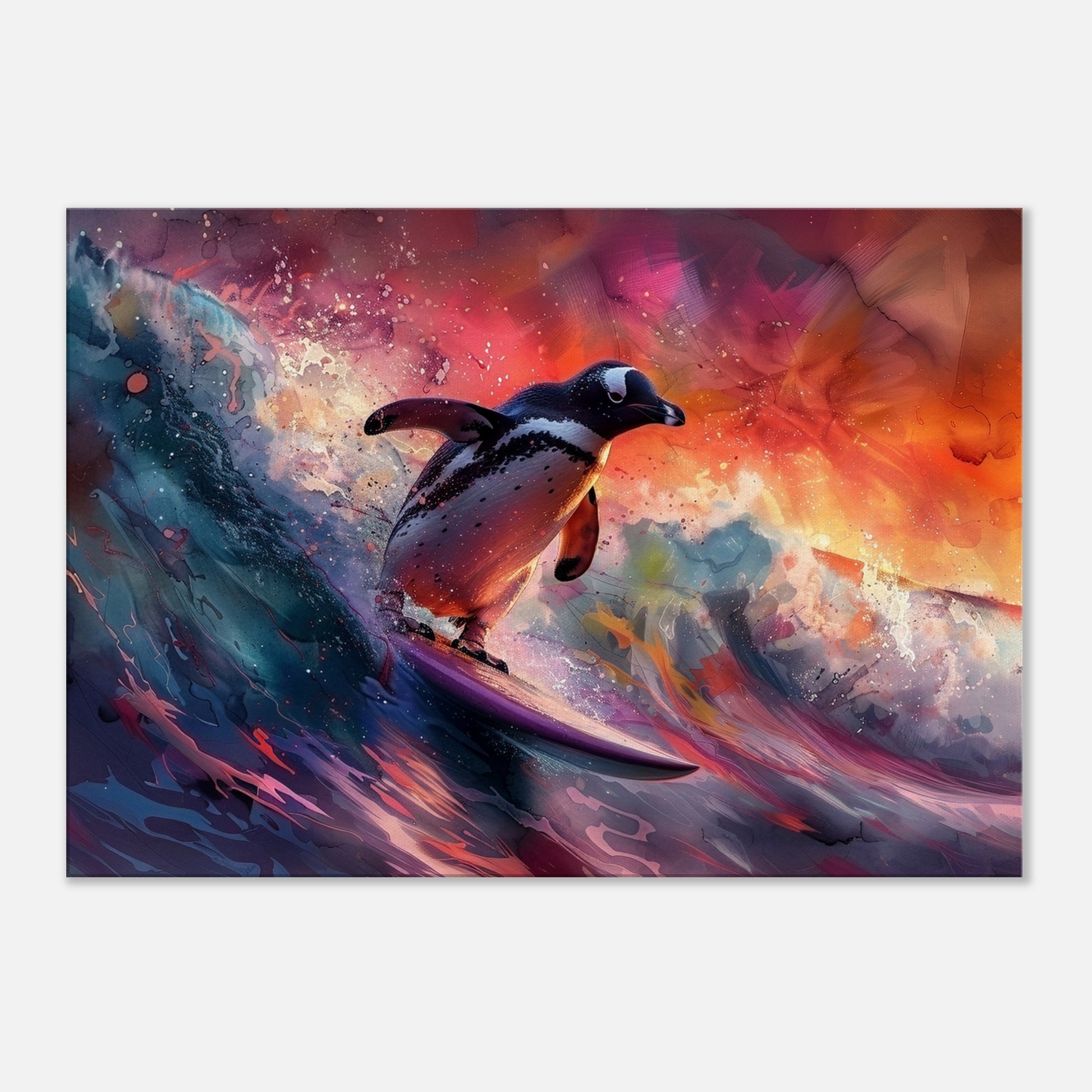 Sunset Surfing Penguin Canvas Print. Funny Animal Wall Art Gift for Surfers, Surf Lover, Surfboarder, Paint Splash Painting - CanvasityCrafts - Free Shipping