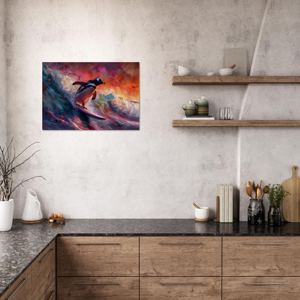 Sunset Surfing Penguin Canvas Print. Funny Animal Wall Art Gift for Surfers, Surf Lover, Surfboarder, Paint Splash Painting - CanvasityCrafts - Free Shipping