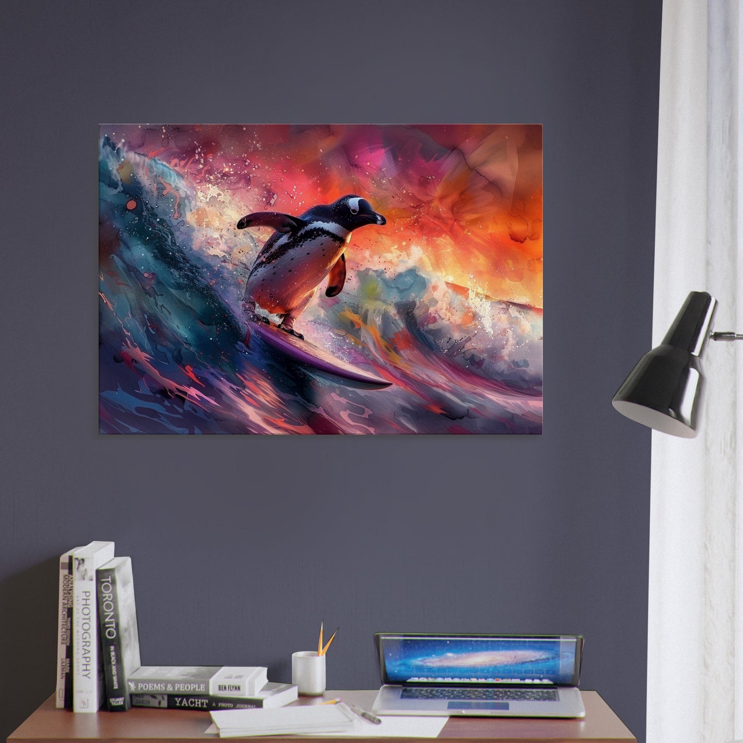 Sunset Surfing Penguin Canvas Print. Funny Animal Wall Art Gift for Surfers, Surf Lover, Surfboarder, Paint Splash Painting - CanvasityCrafts - Free Shipping