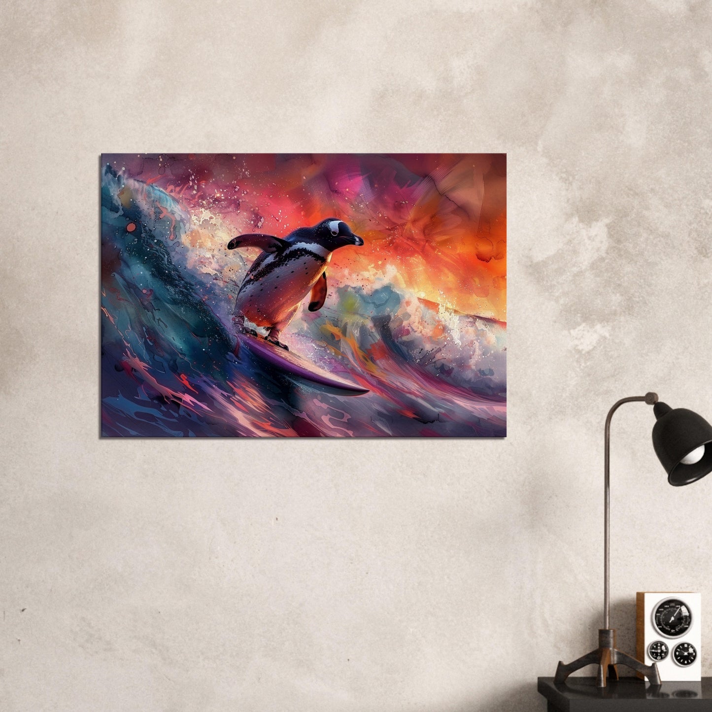 Sunset Surfing Penguin Canvas Print. Funny Animal Wall Art Gift for Surfers, Surf Lover, Surfboarder, Paint Splash Painting - CanvasityCrafts - Free Shipping