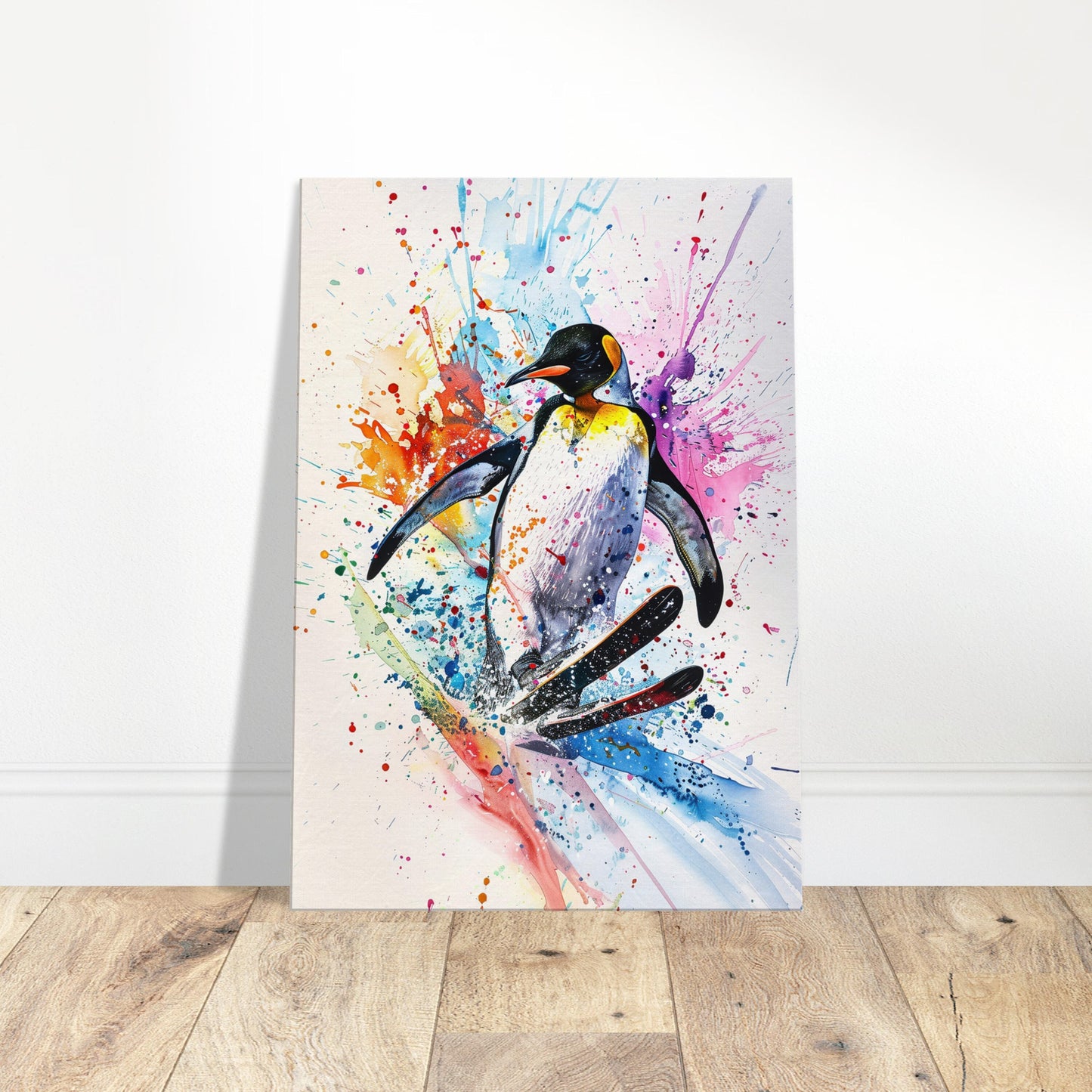 Watercolour Skiing Penguin Canvas Print. Funny Animal Wall Art Gift for Ski Lover, Skier, Snowboarder Unique Colourful Paint Splash Painting - CanvasityCrafts - Free Shipping